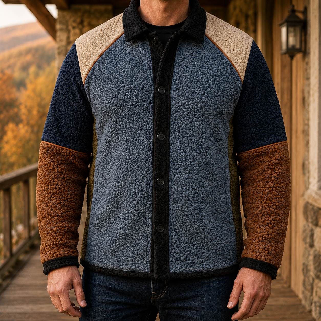 Men's Retro Color Block Fleece Shirt Jacket-109
