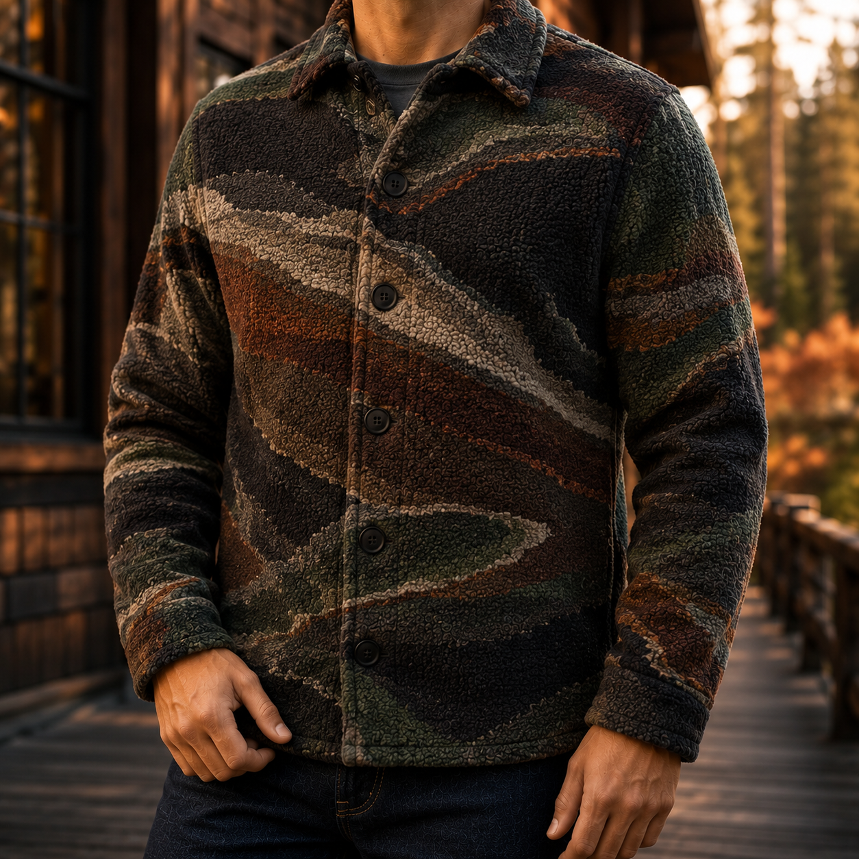 Men's Geometric Fleece Shacket | Warm Shirt Jacket -11