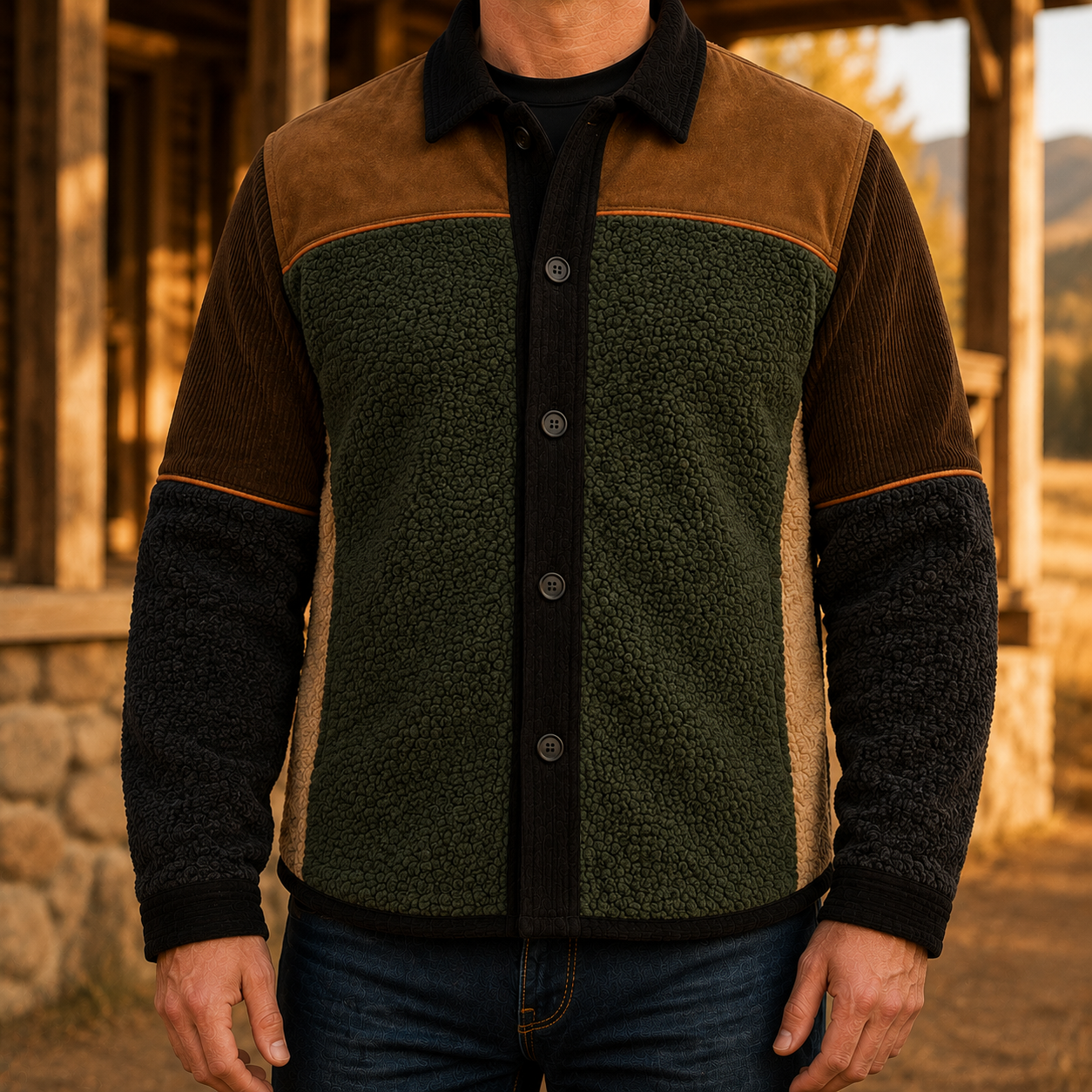 Men's Retro Color Block Fleece Shirt Jacket-110