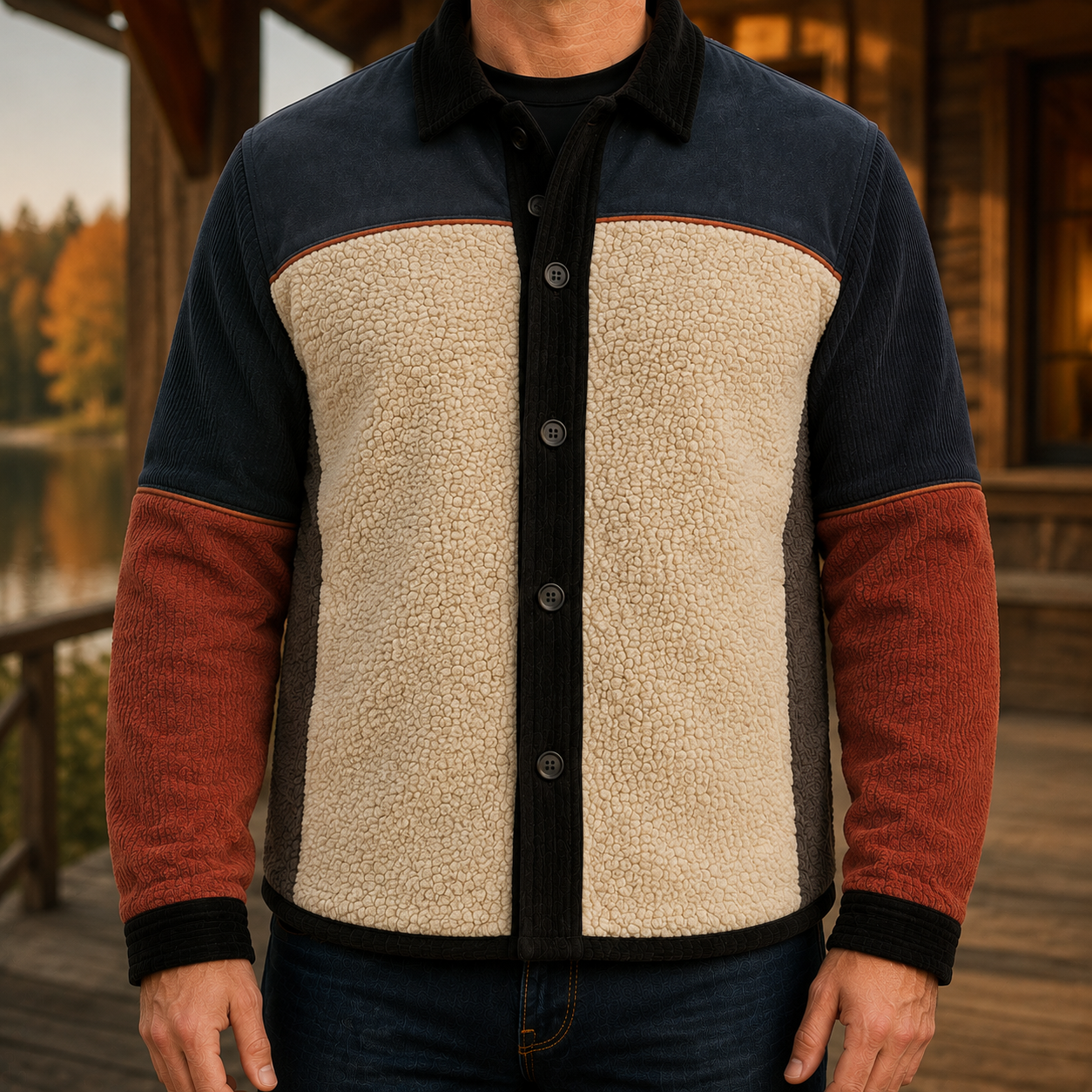 Men's Retro Color Block Fleece Shirt Jacket-111