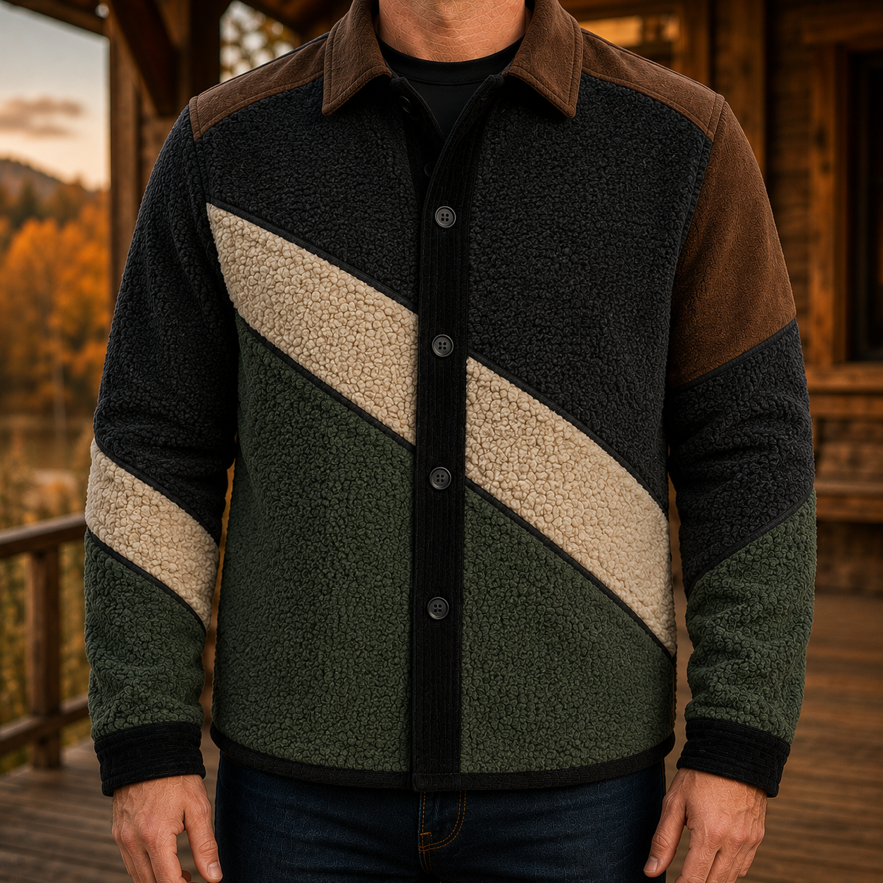 Men's Retro Color Block Fleece Shirt Jacket-112