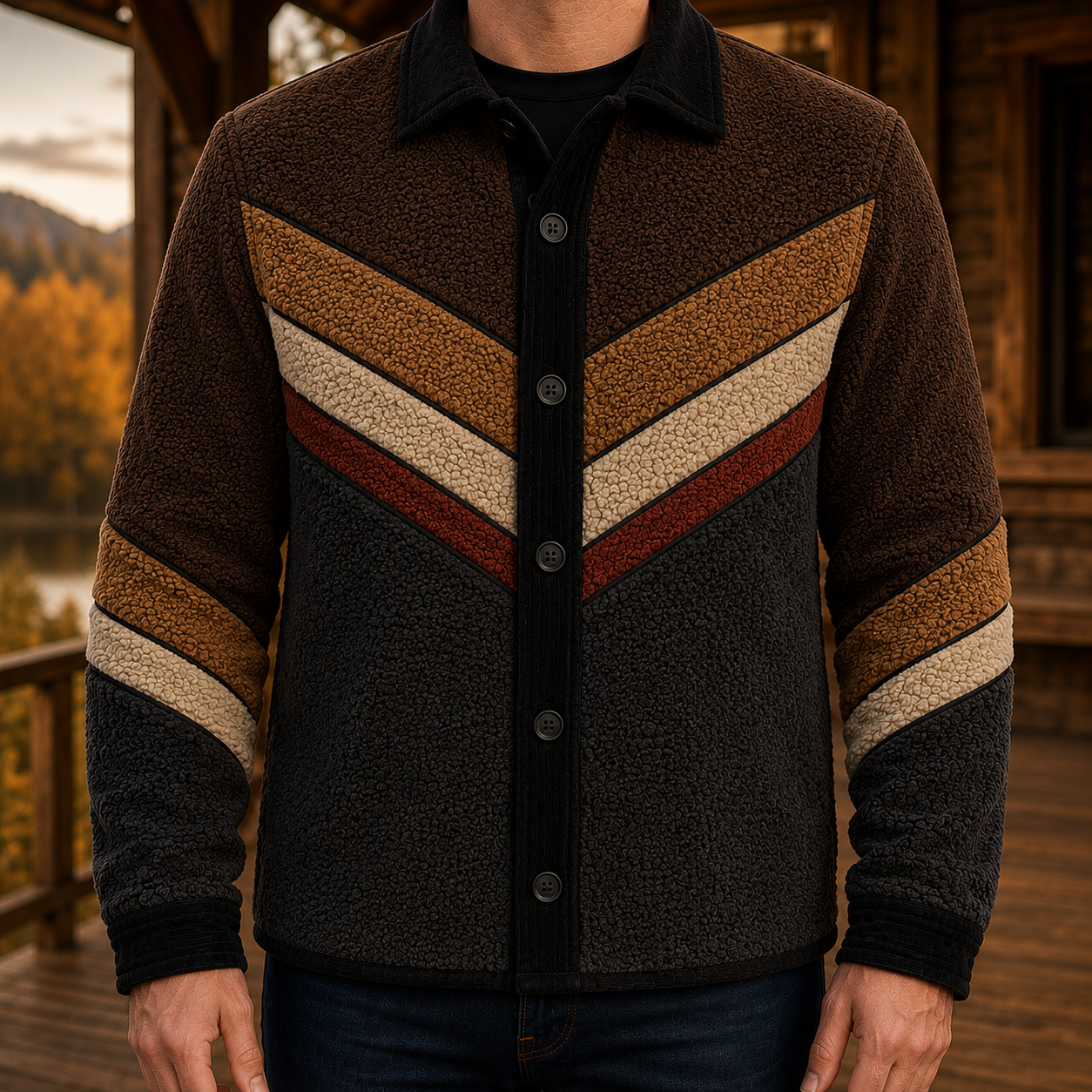 Men's Retro Color Block Fleece Shirt Jacket-113