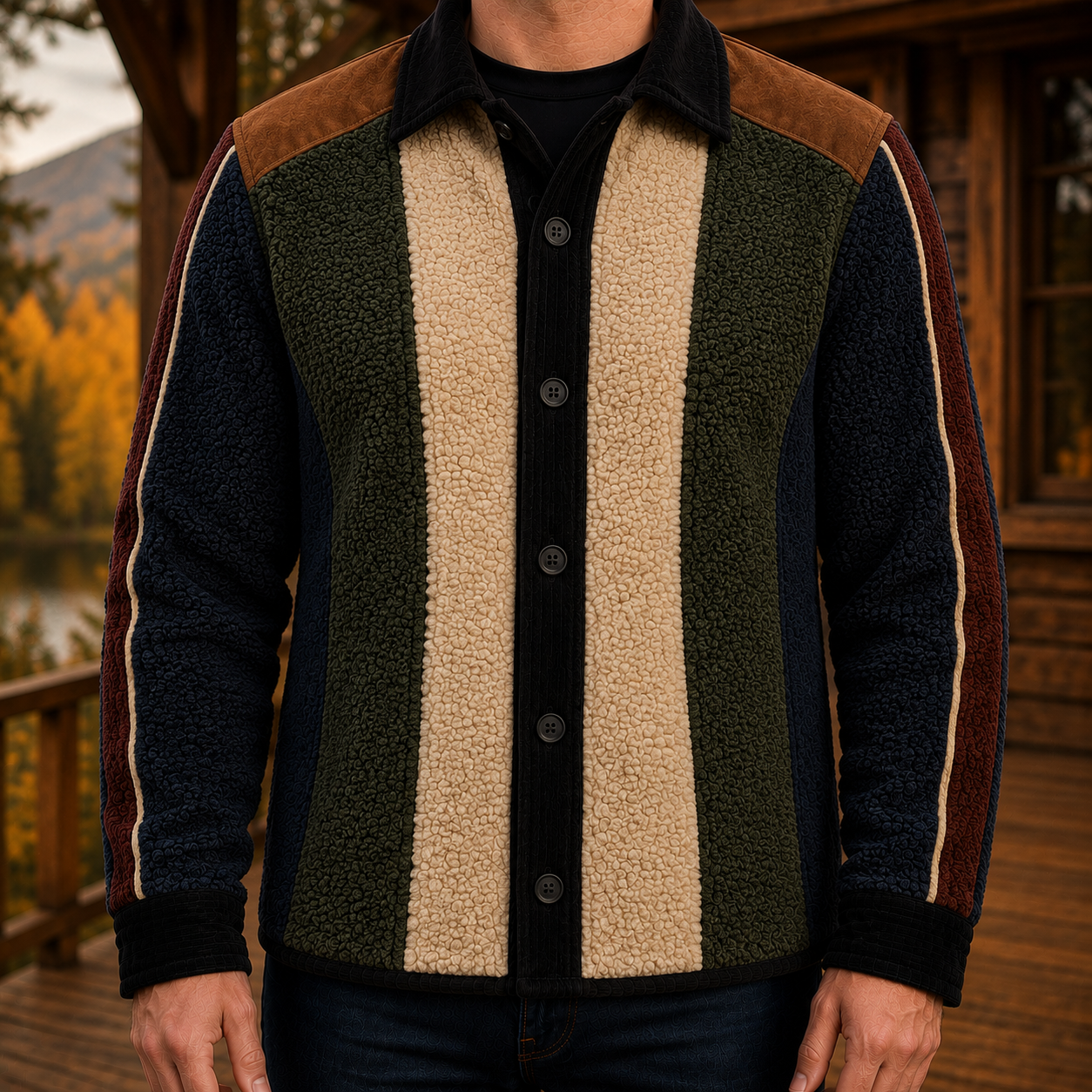 Men's Retro Color Block Fleece Shirt Jacket-114