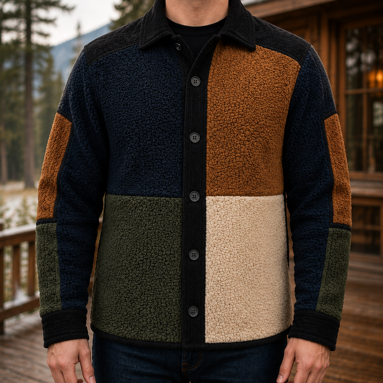 Men's Retro Color Block Fleece Shirt Jacket-115
