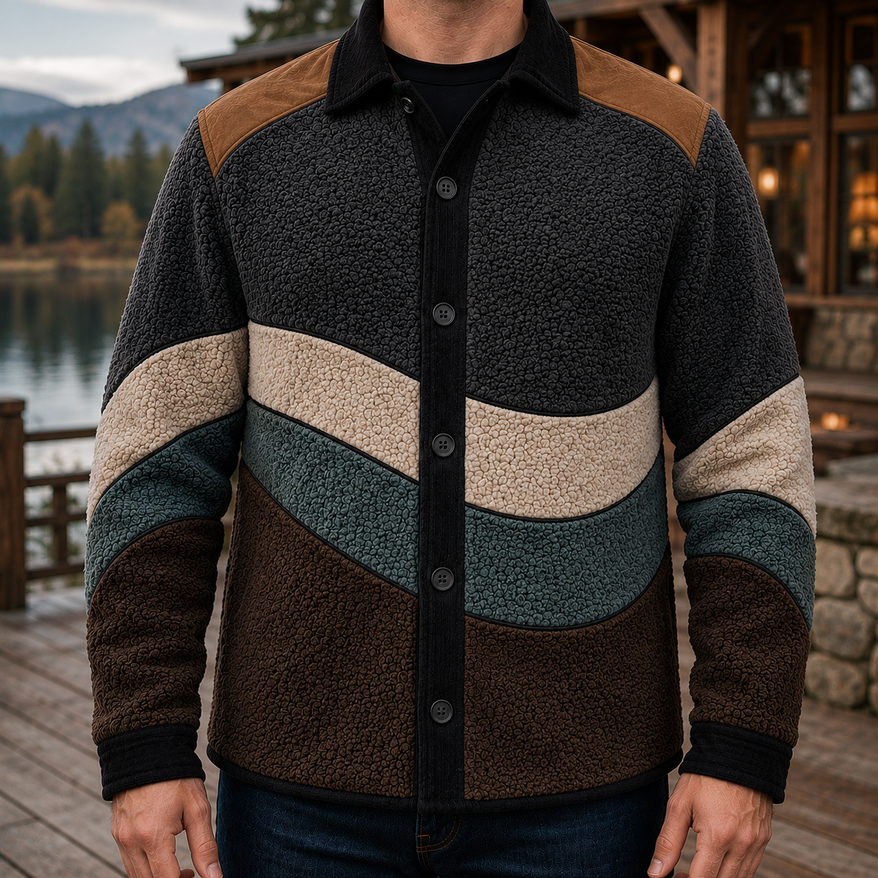Men's Retro Color Block Fleece Shirt Jacket-116
