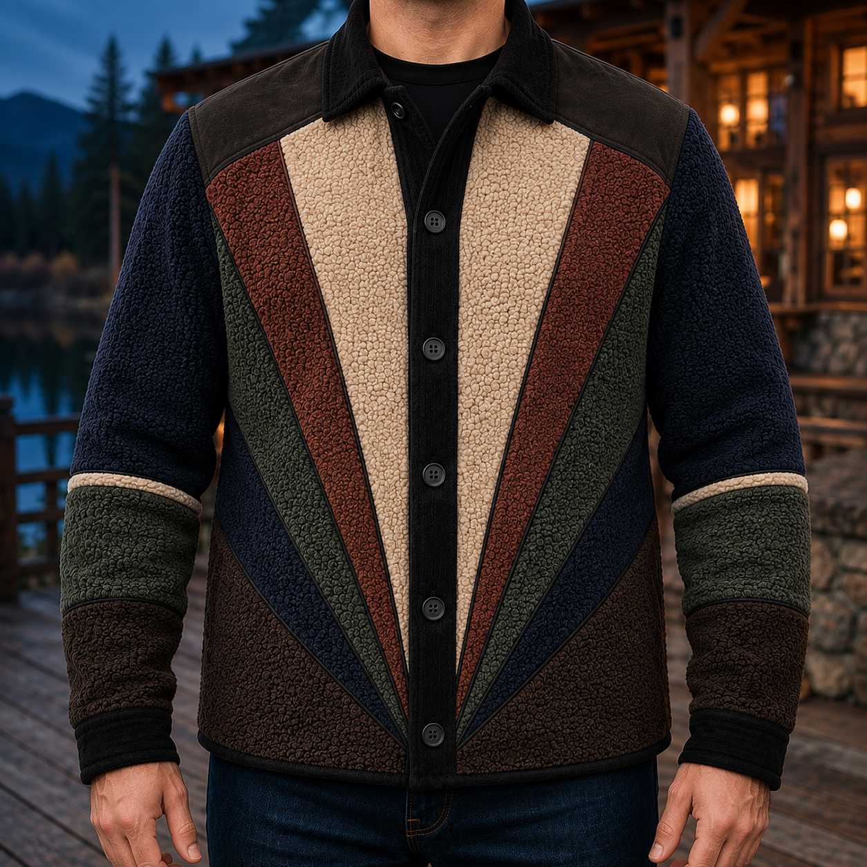 Men's Retro Color Block Fleece Shirt Jacket-118