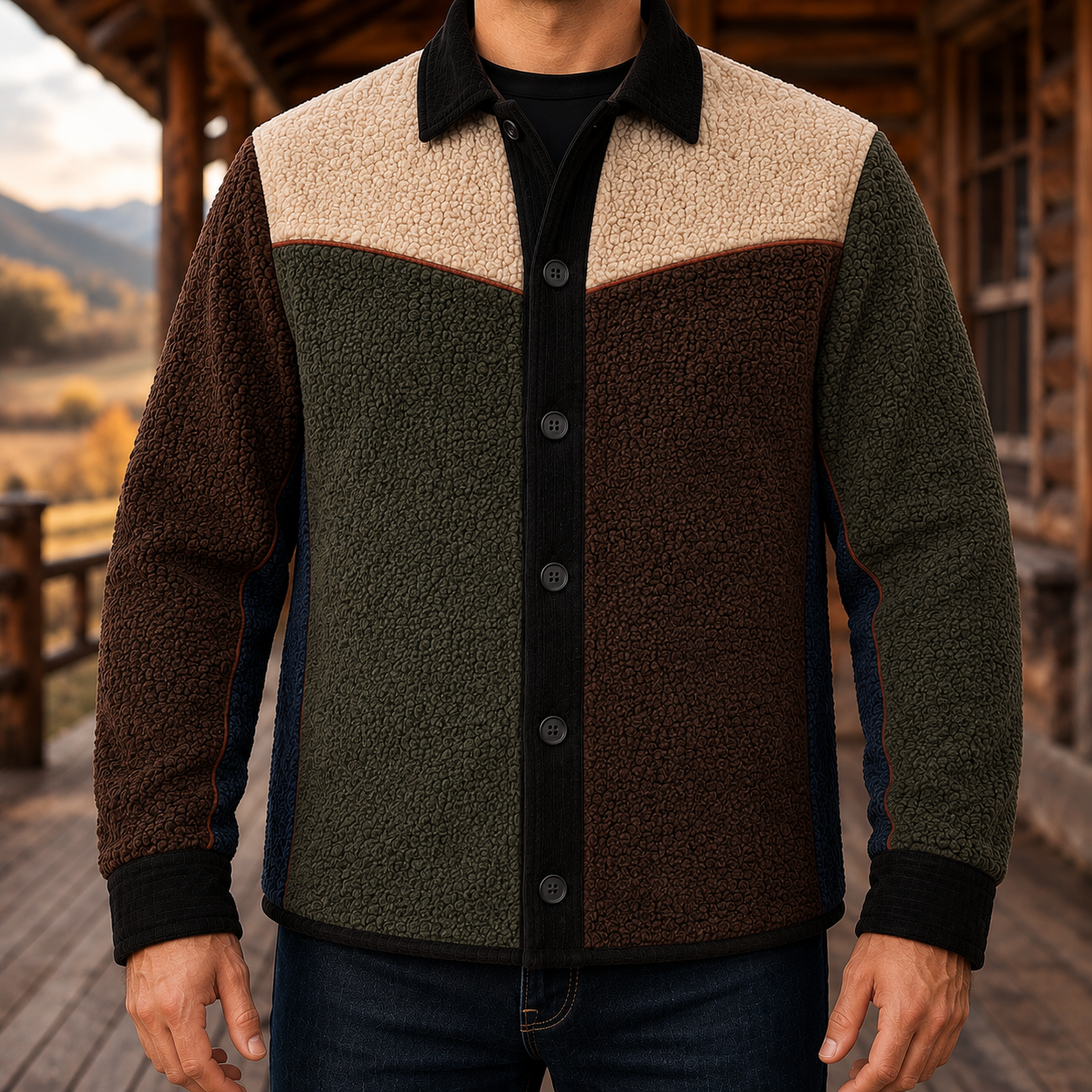Men's Retro Color Block Fleece Shirt Jacket-119