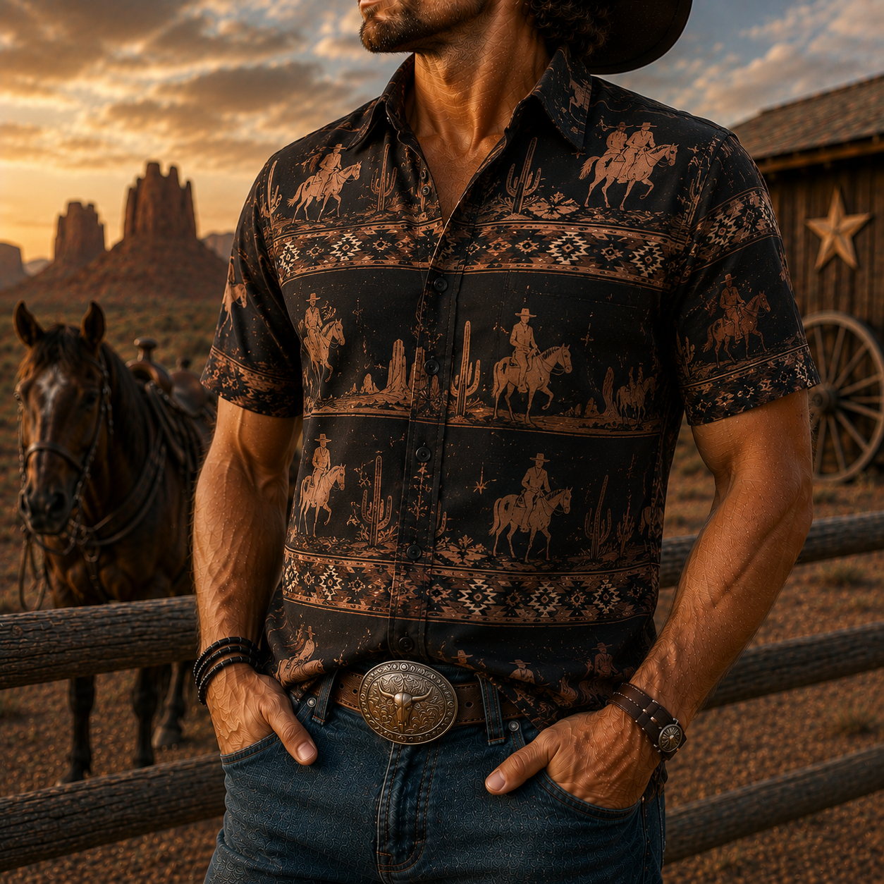 Men's Vintage Western Cowboy-Style Printed Short-Sleeve Shirt-40