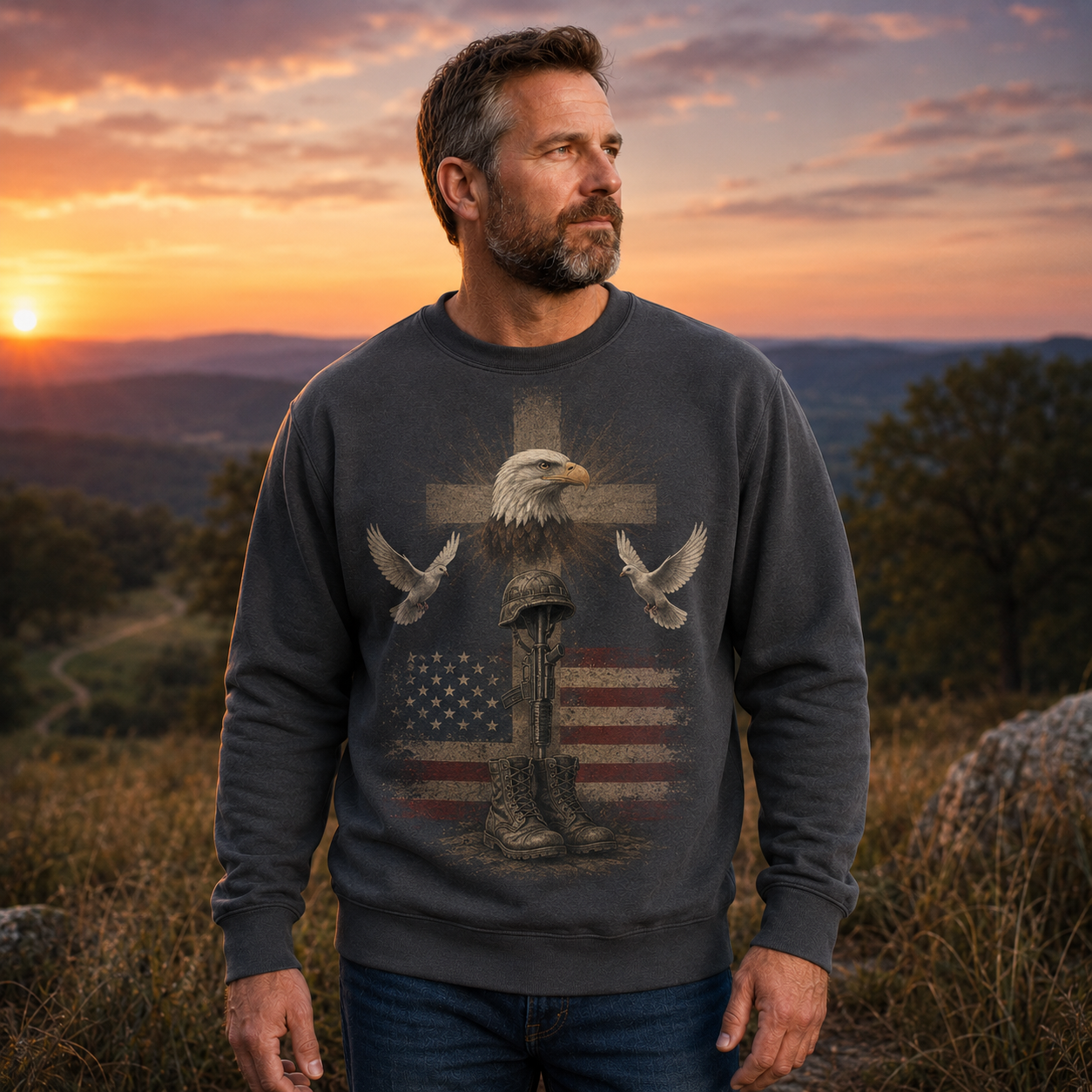 Men's Vintage Patriotic Eagle Military Tribute Sweatshirt -12