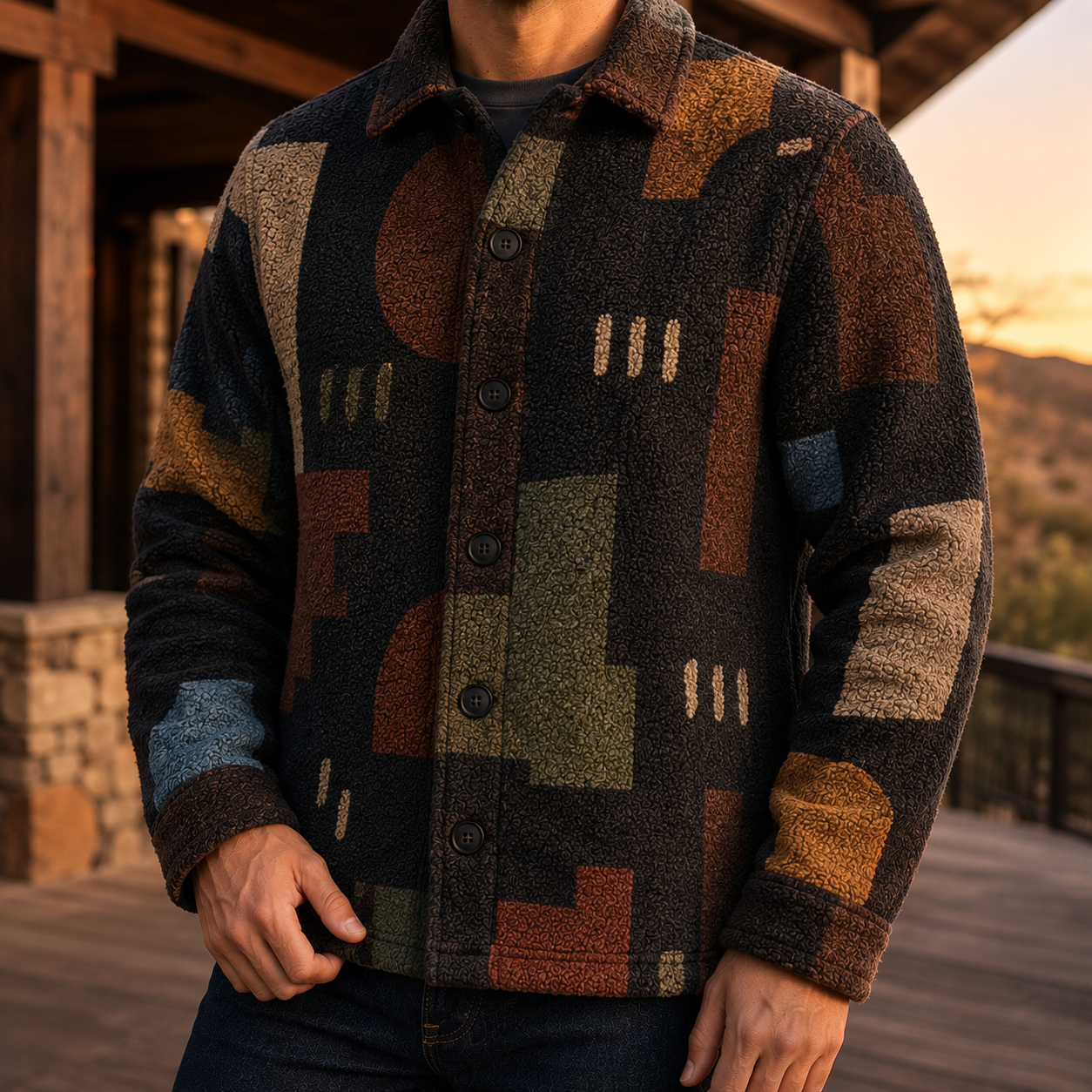 Men's Geometric Fleece Shacket | Warm Shirt Jacket -12