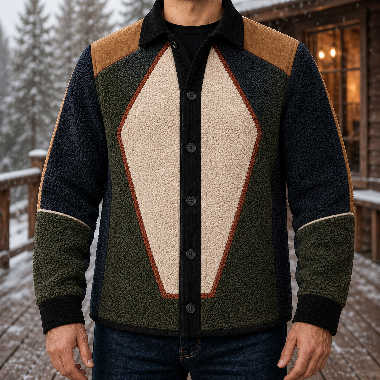 Men's Retro Color Block Fleece Shirt Jacket-120