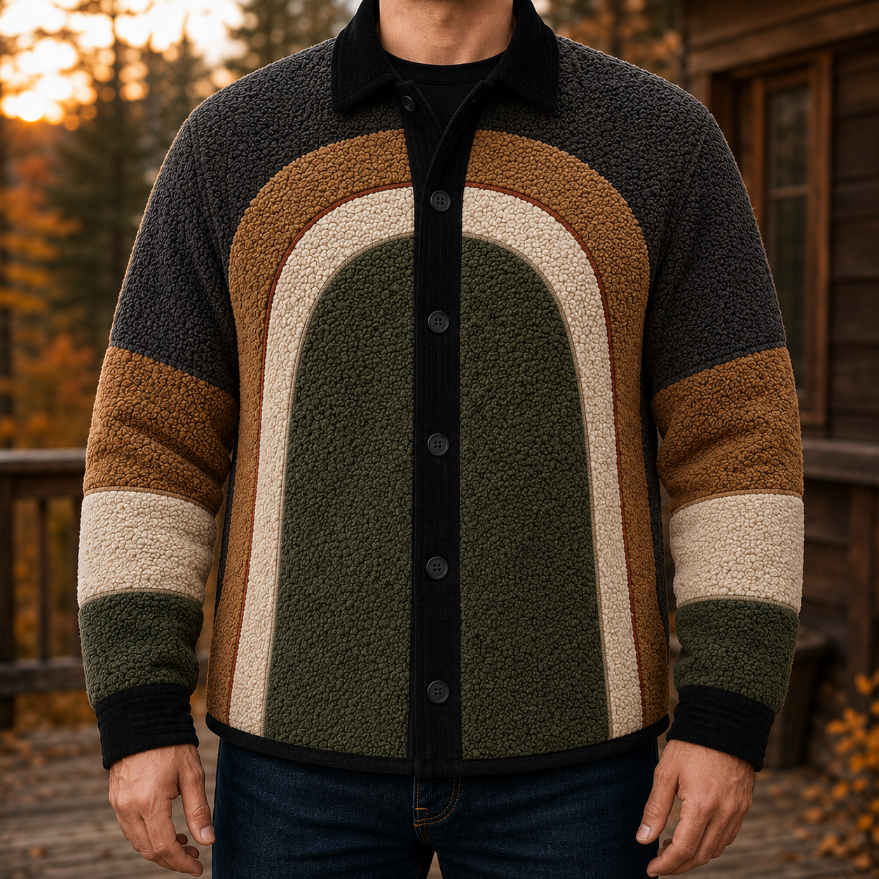 Men's Retro Color Block Fleece Shirt Jacket-121