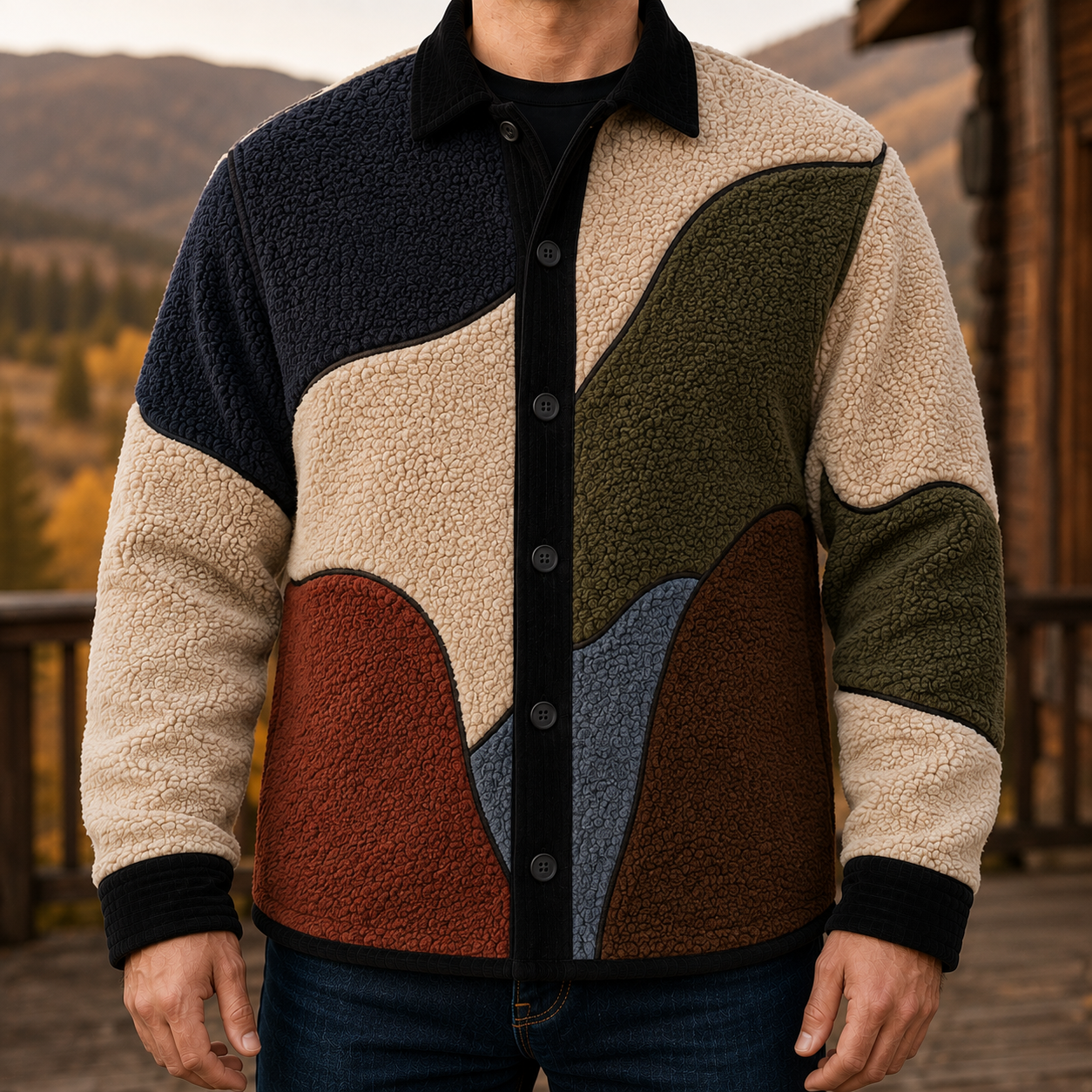 Men's Retro Color Block Fleece Shirt Jacket-122