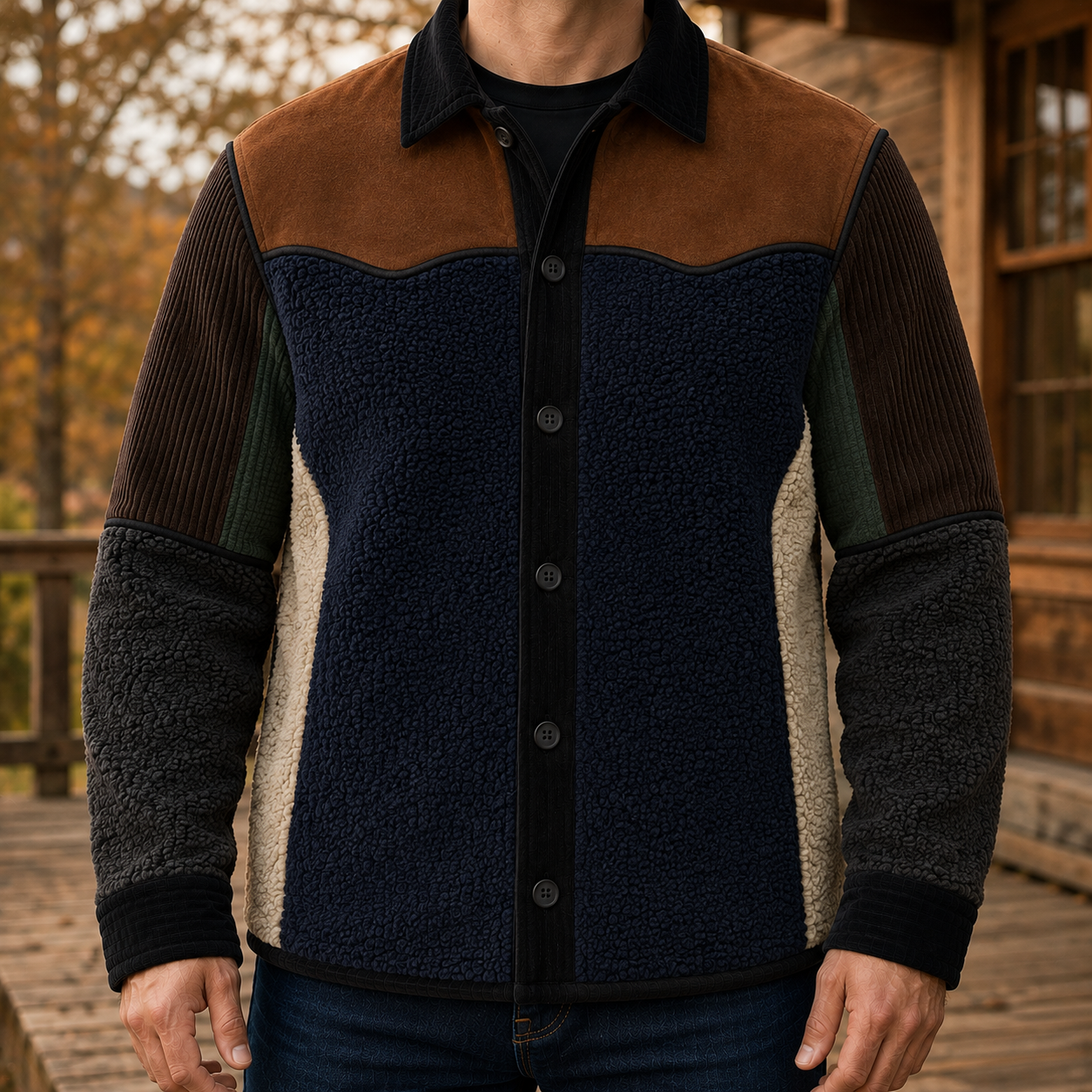 Men's Retro Color Block Fleece Shirt Jacket-123