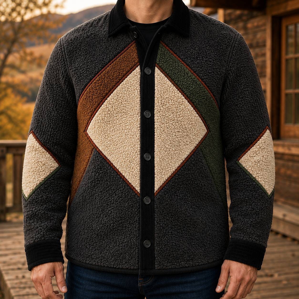 Men's Retro Color Block Fleece Shirt Jacket-124