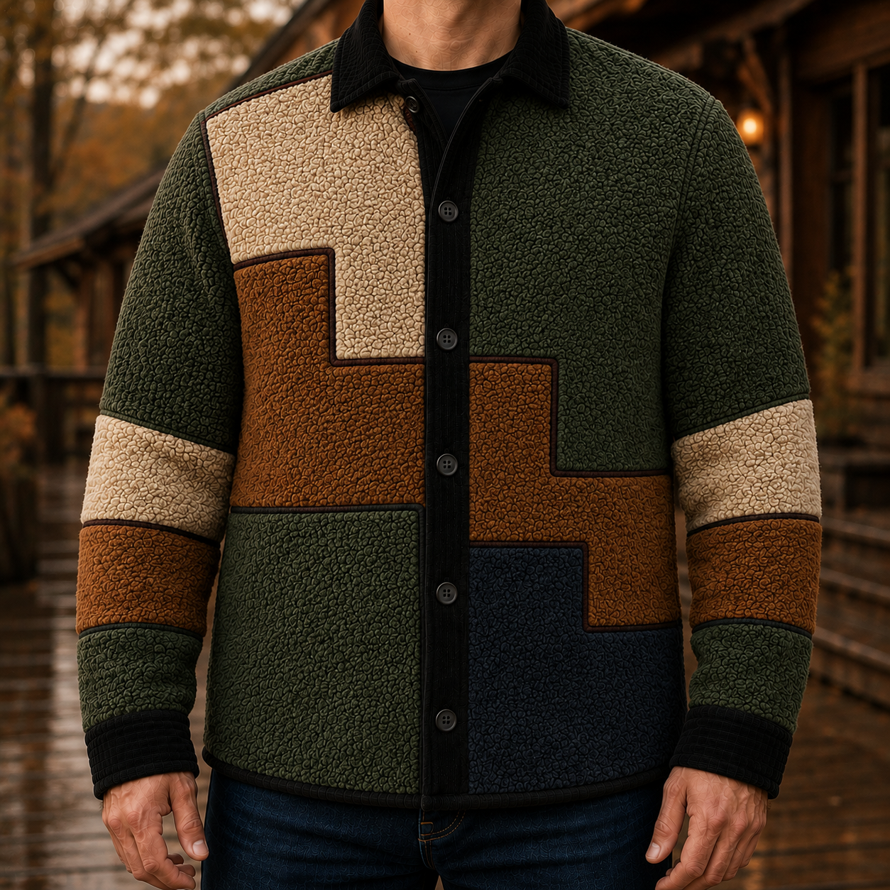 Men's Retro Color Block Fleece Shirt Jacket-125