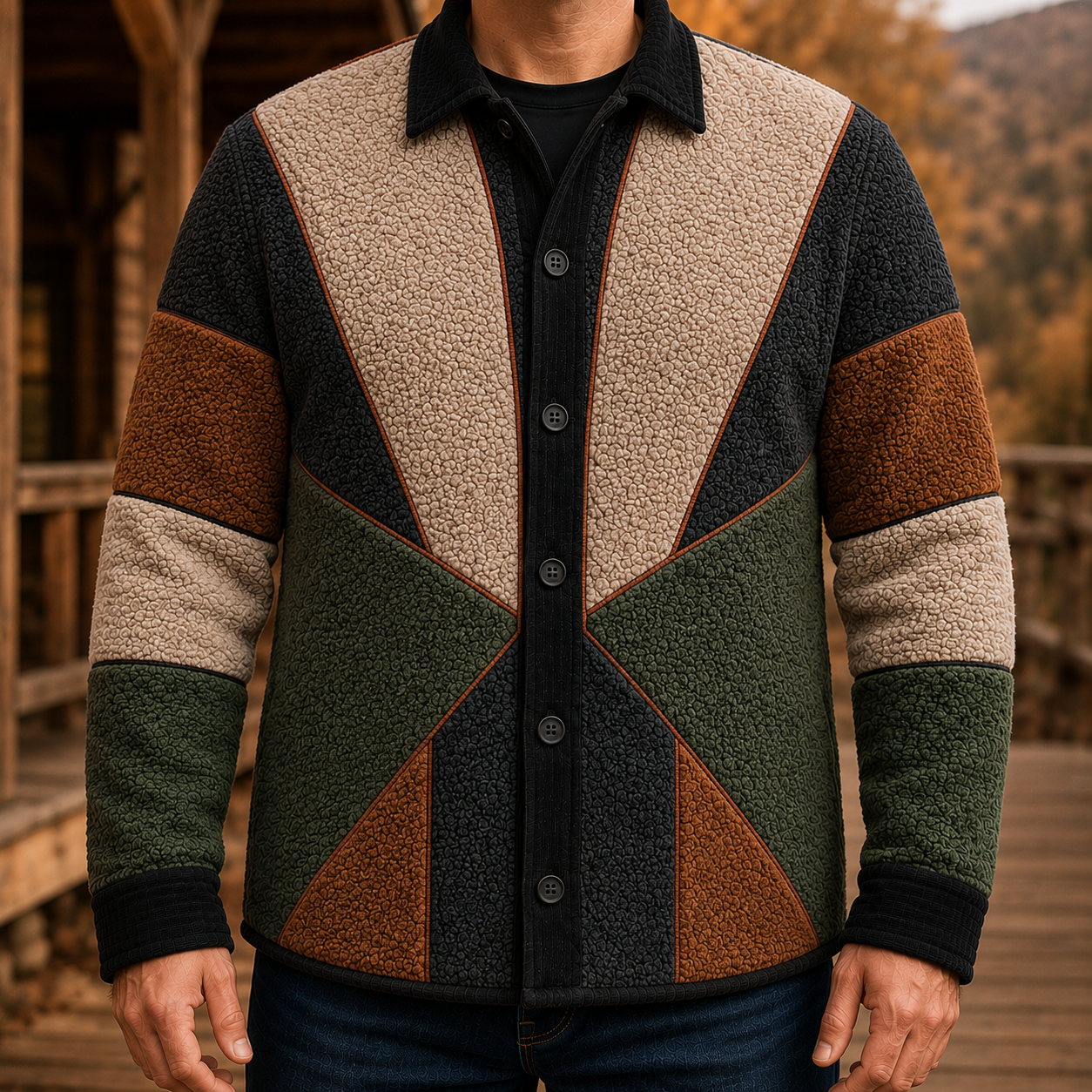 Men's Retro Color Block Fleece Shirt Jacket-126