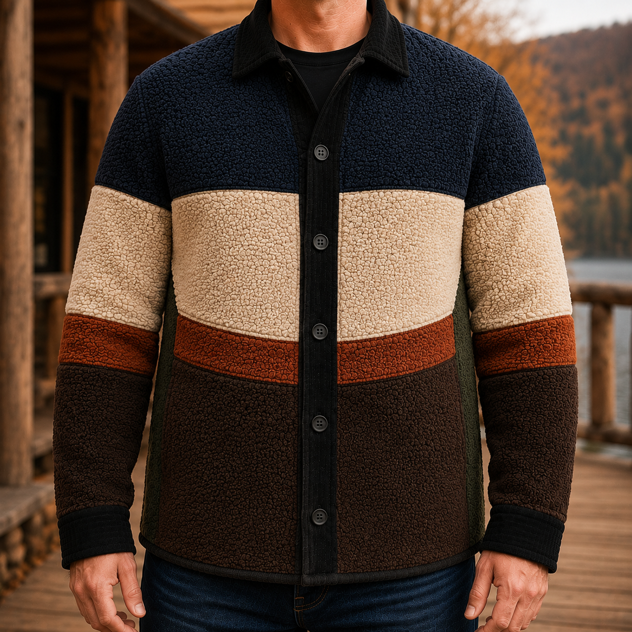 Men's Retro Color Block Fleece Shirt Jacket-127