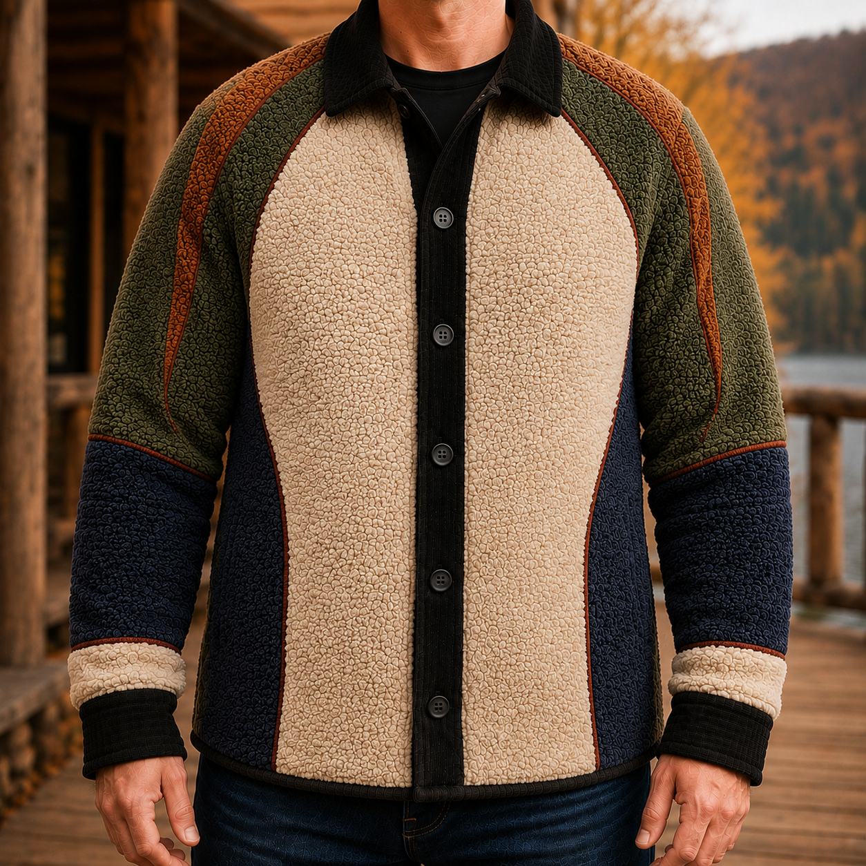 Men's Retro Color Block Fleece Shirt Jacket-128