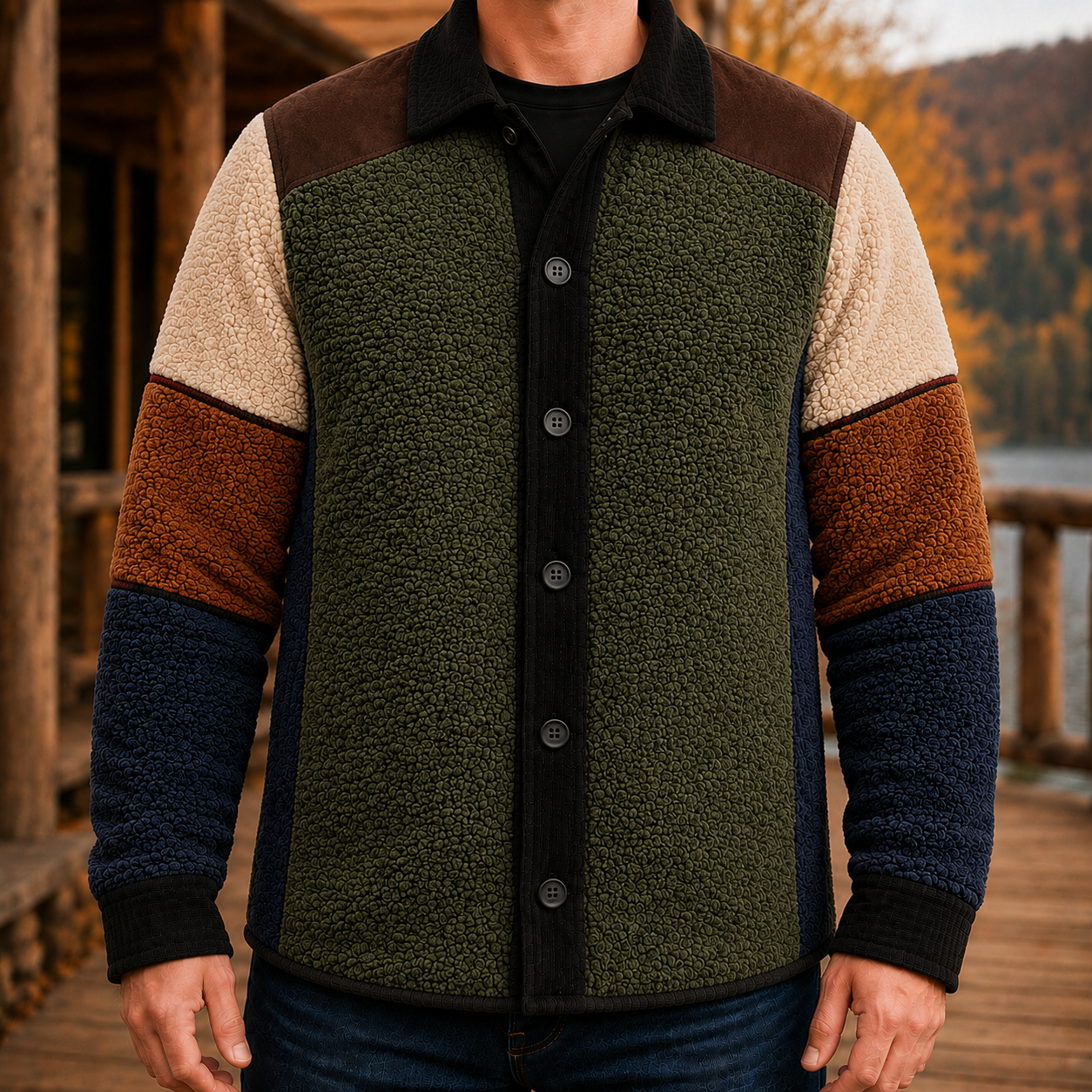 Men's Retro Color Block Fleece Shirt Jacket-129