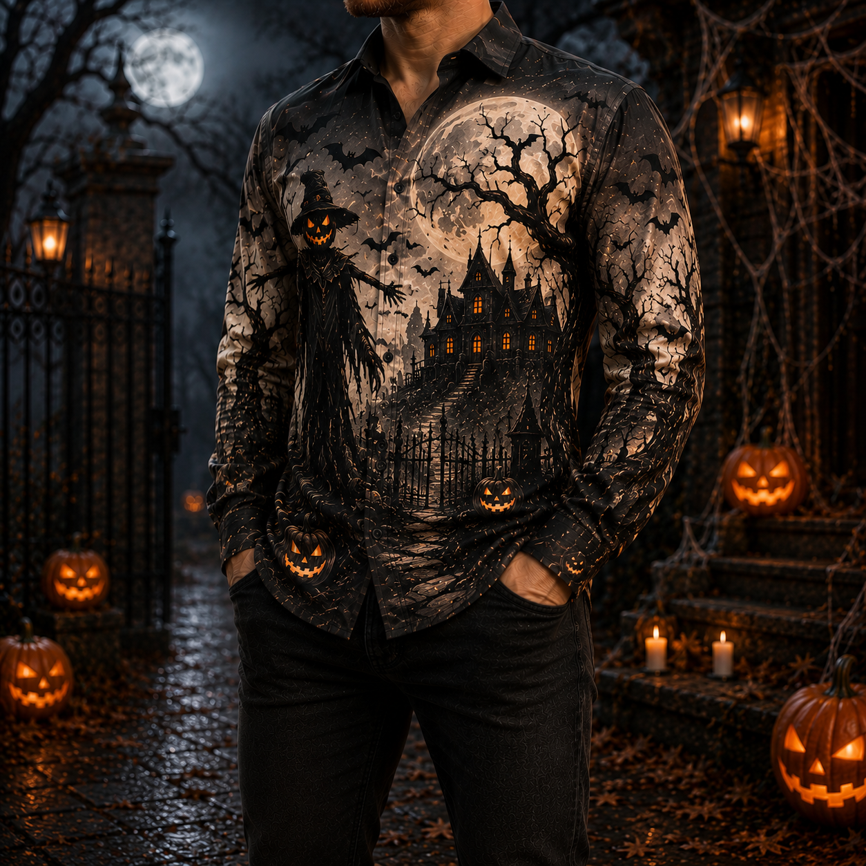 Men's Vintage Halloween Print Long-Sleeve Shirt-67