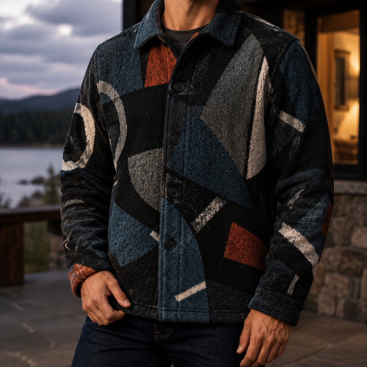 Men's Geometric Fleece Shacket | Warm Shirt Jacket -13