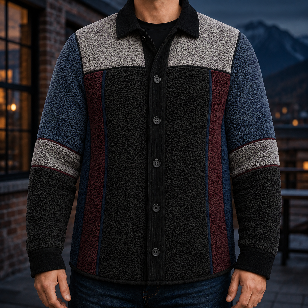 Men's Retro Color Block Fleece Shirt Jacket-130