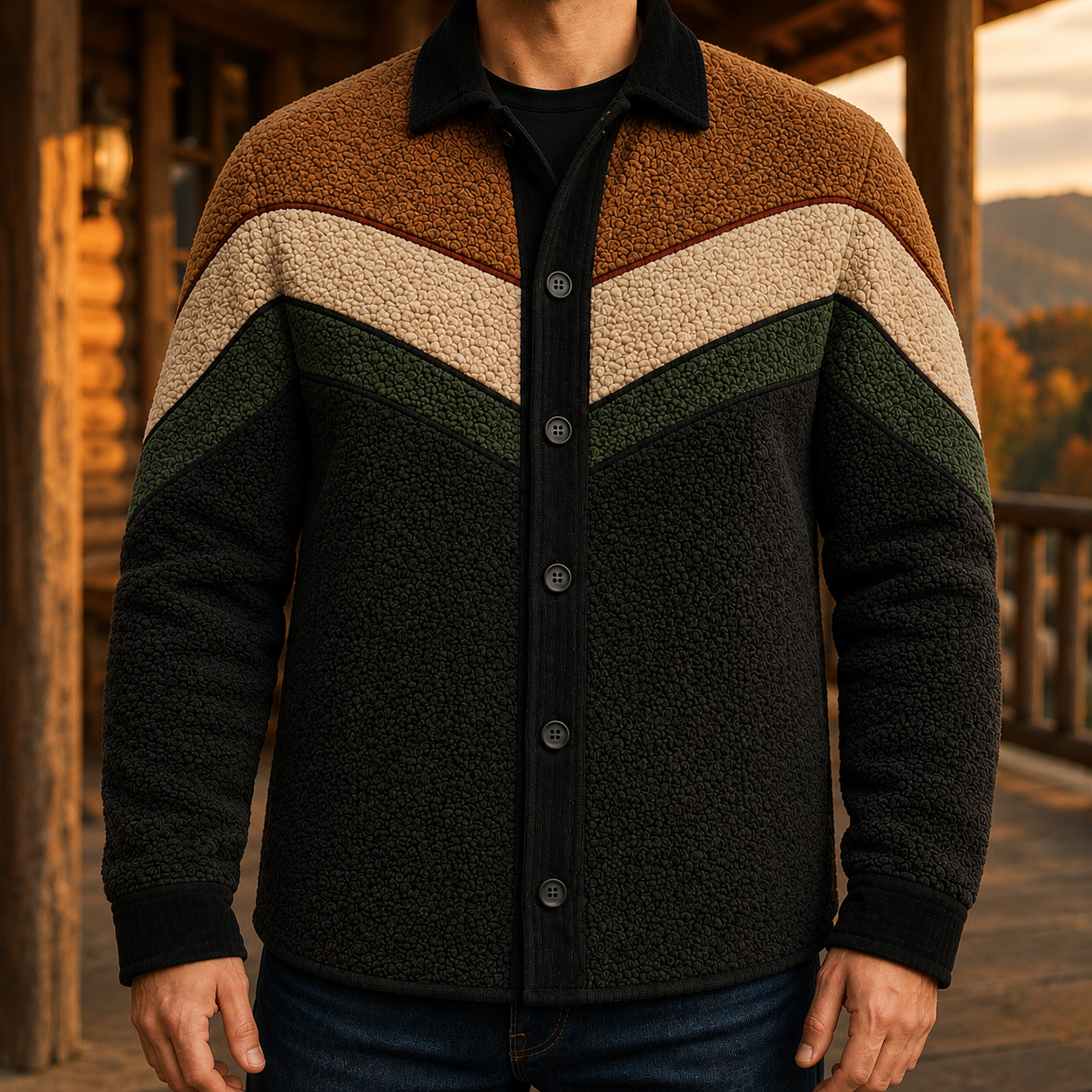 Men's Retro Color Block Fleece Shirt Jacket-131