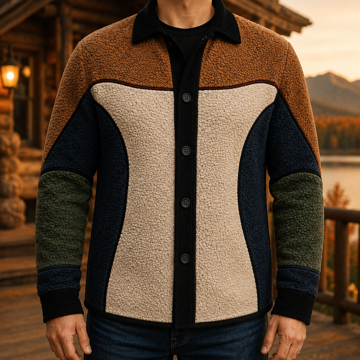 Men's Retro Color Block Fleece Shirt Jacket-132