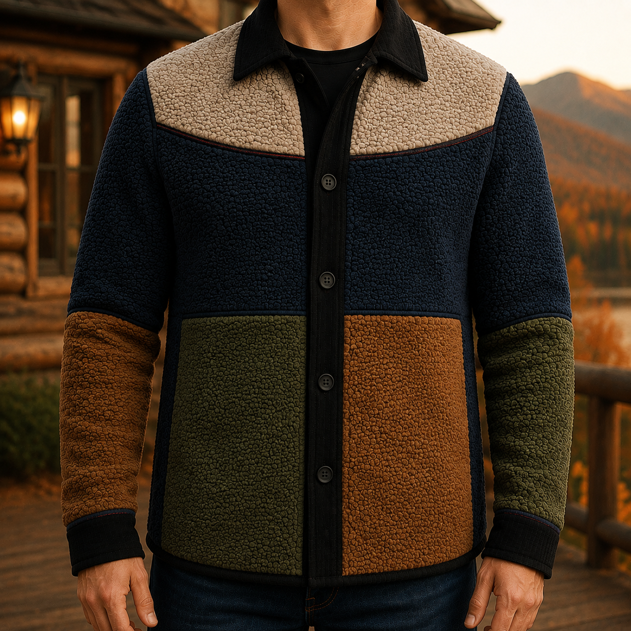 Men's Retro Color Block Fleece Shirt Jacket-133