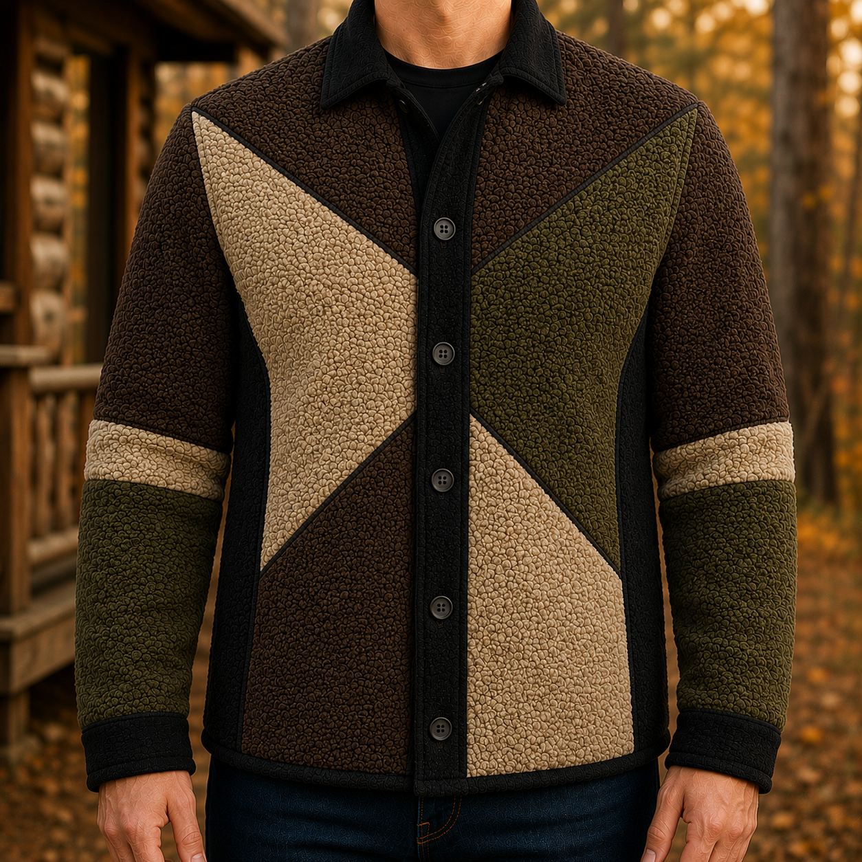 Men's Retro Color Block Fleece Shirt Jacket-134