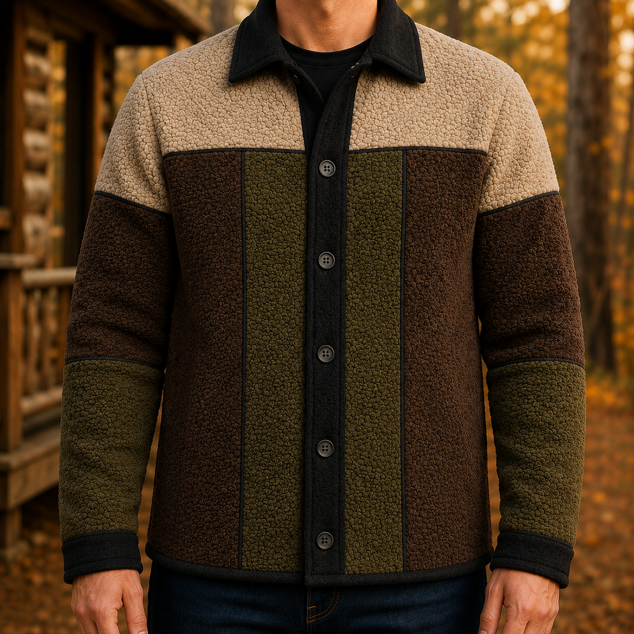 Men's Retro Color Block Fleece Shirt Jacket-135
