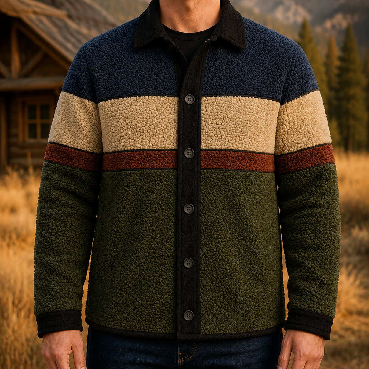 Men's Retro Color Block Fleece Shirt Jacket-136