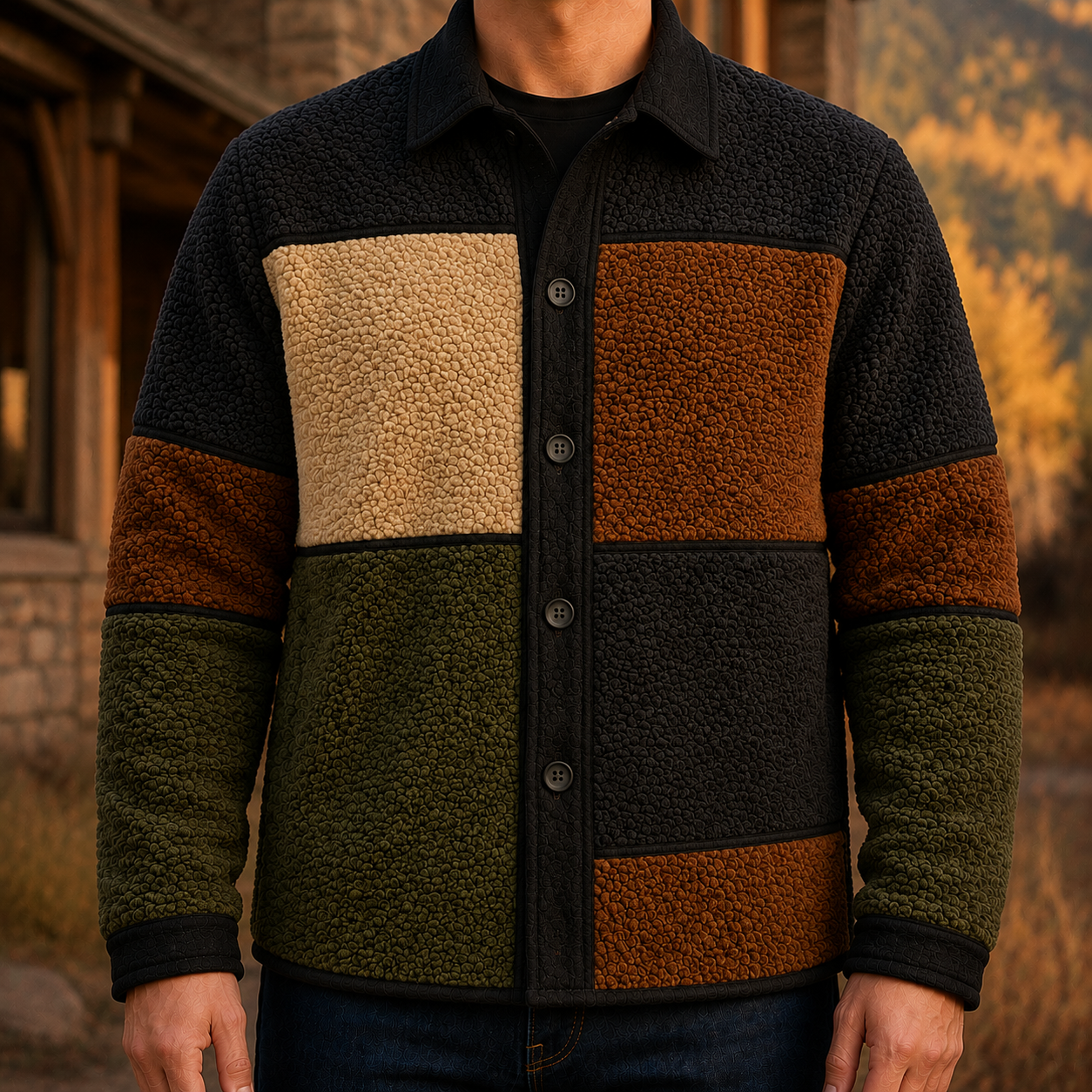 Men's Retro Color Block Fleece Shirt Jacket-137