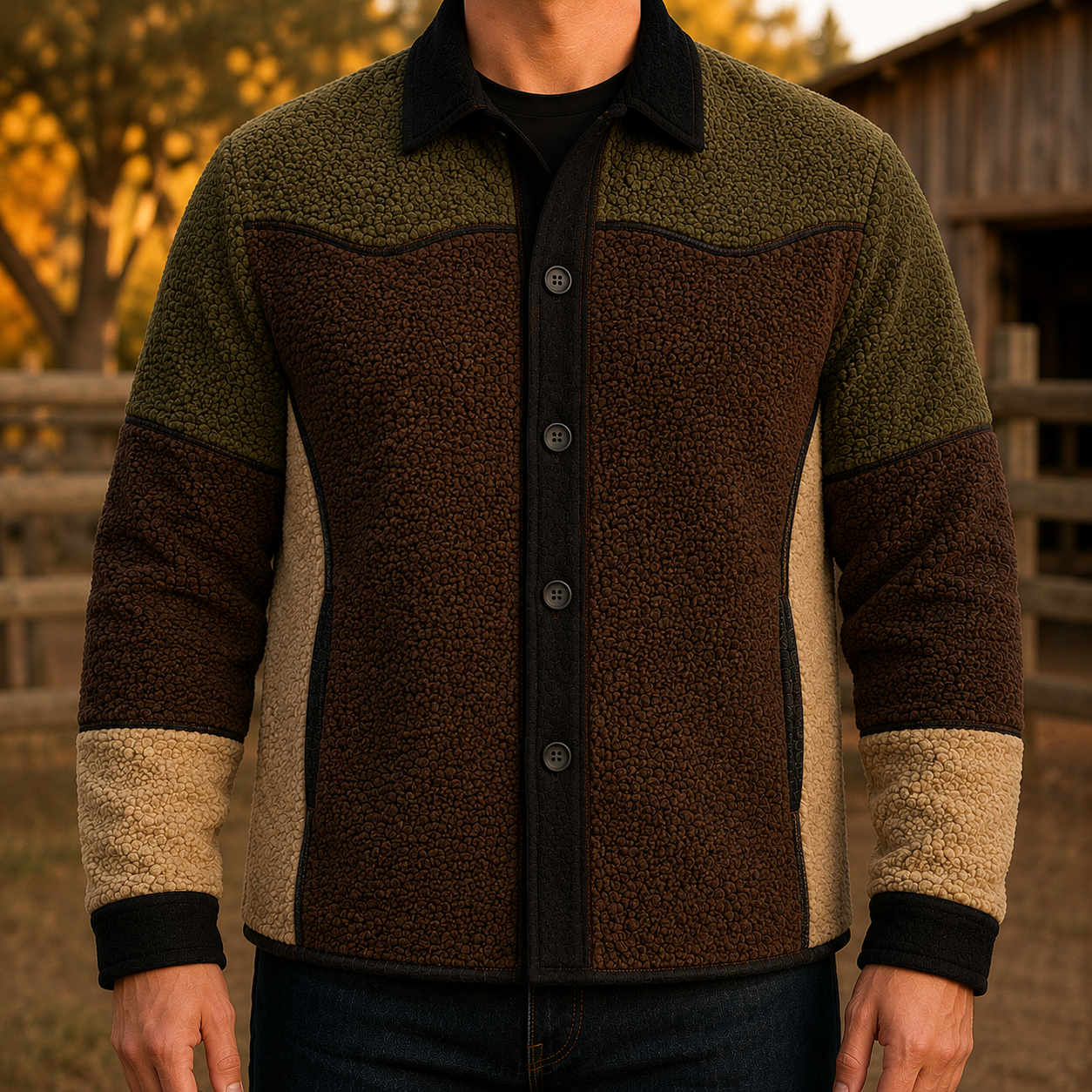 Men's Retro Color Block Fleece Shirt Jacket-138