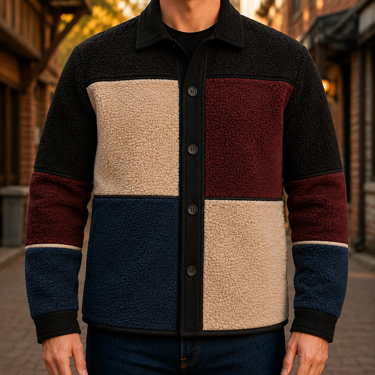 Men's Retro Color Block Fleece Shirt Jacket-139
