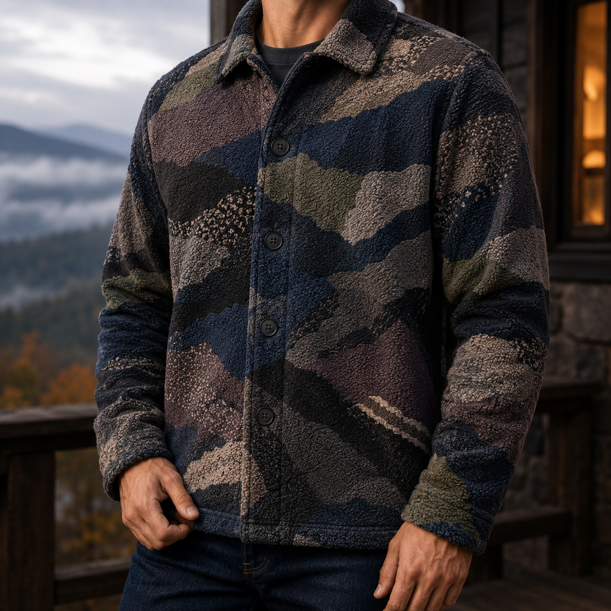Men's Geometric Fleece Shacket | Warm Shirt Jacket -14