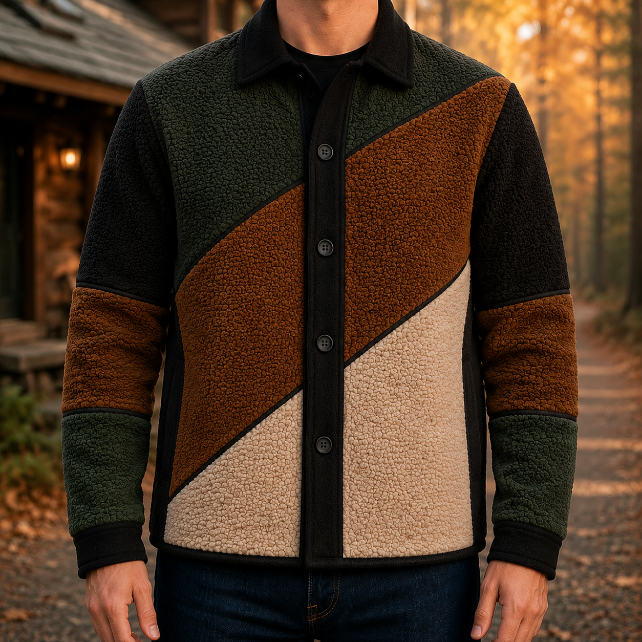 Men's Retro Color Block Fleece Shirt Jacket-140
