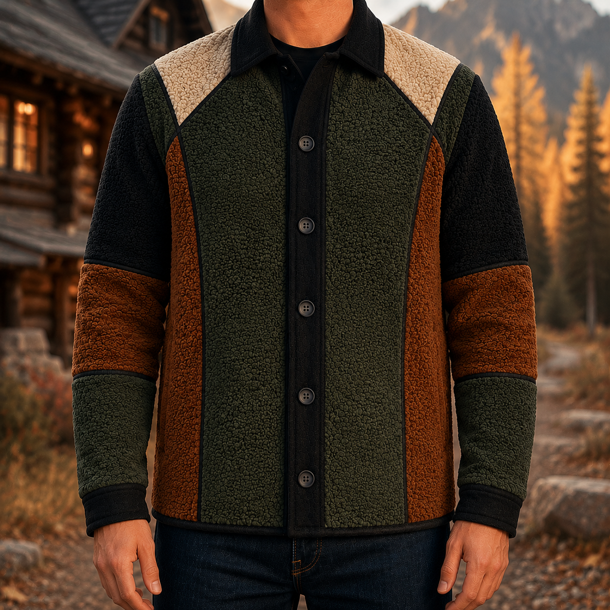 Men's Retro Color Block Fleece Shirt Jacket-141