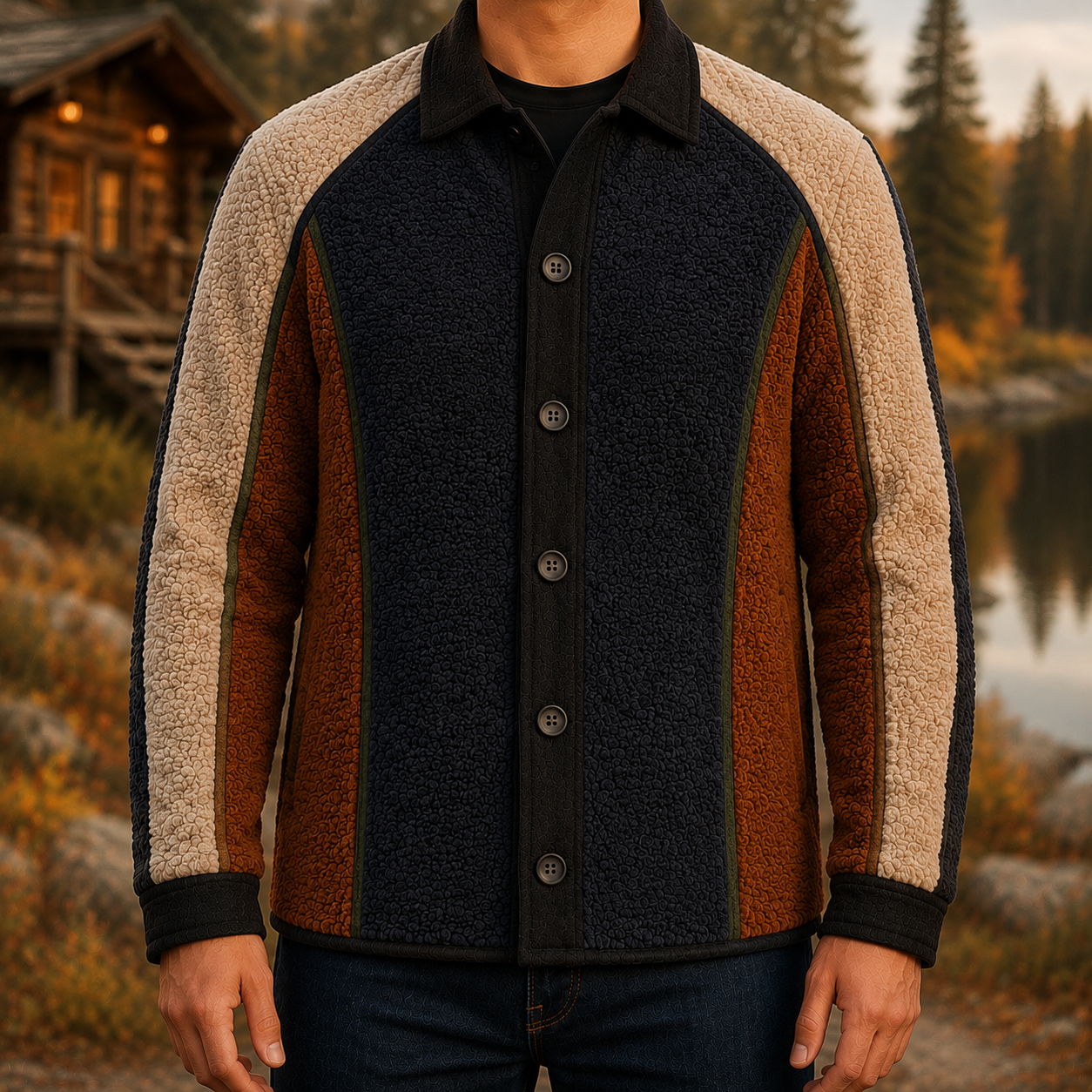 Men's Retro Color Block Fleece Shirt Jacket-142
