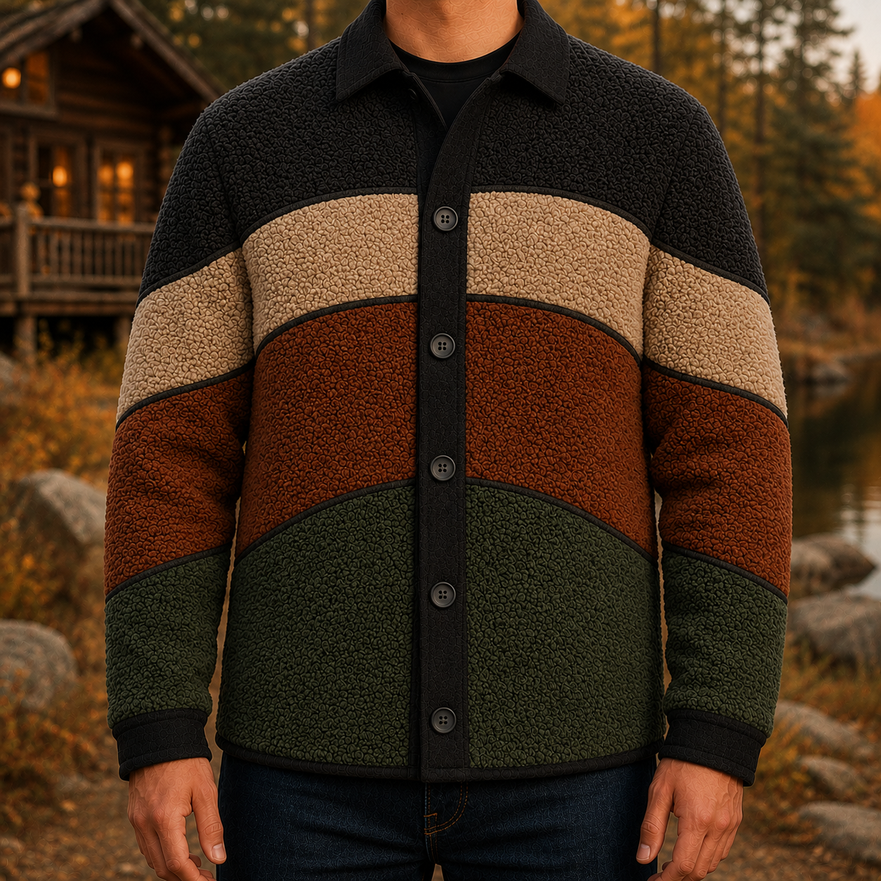 Men's Retro Color Block Fleece Shirt Jacket-143