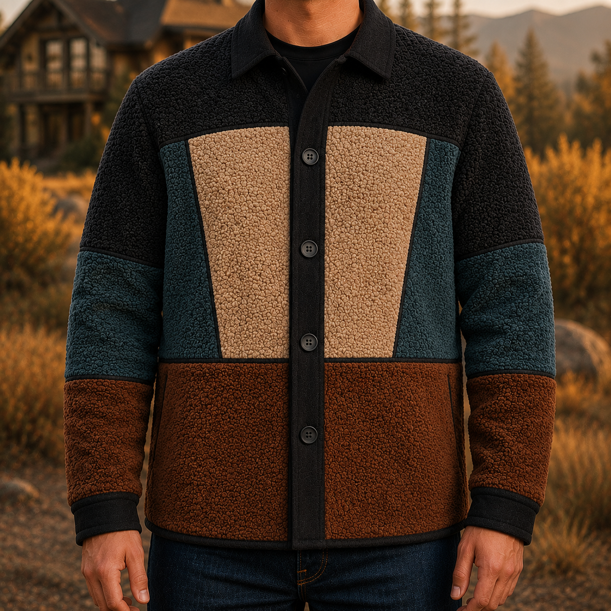 Men's Retro Color Block Fleece Shirt Jacket-144