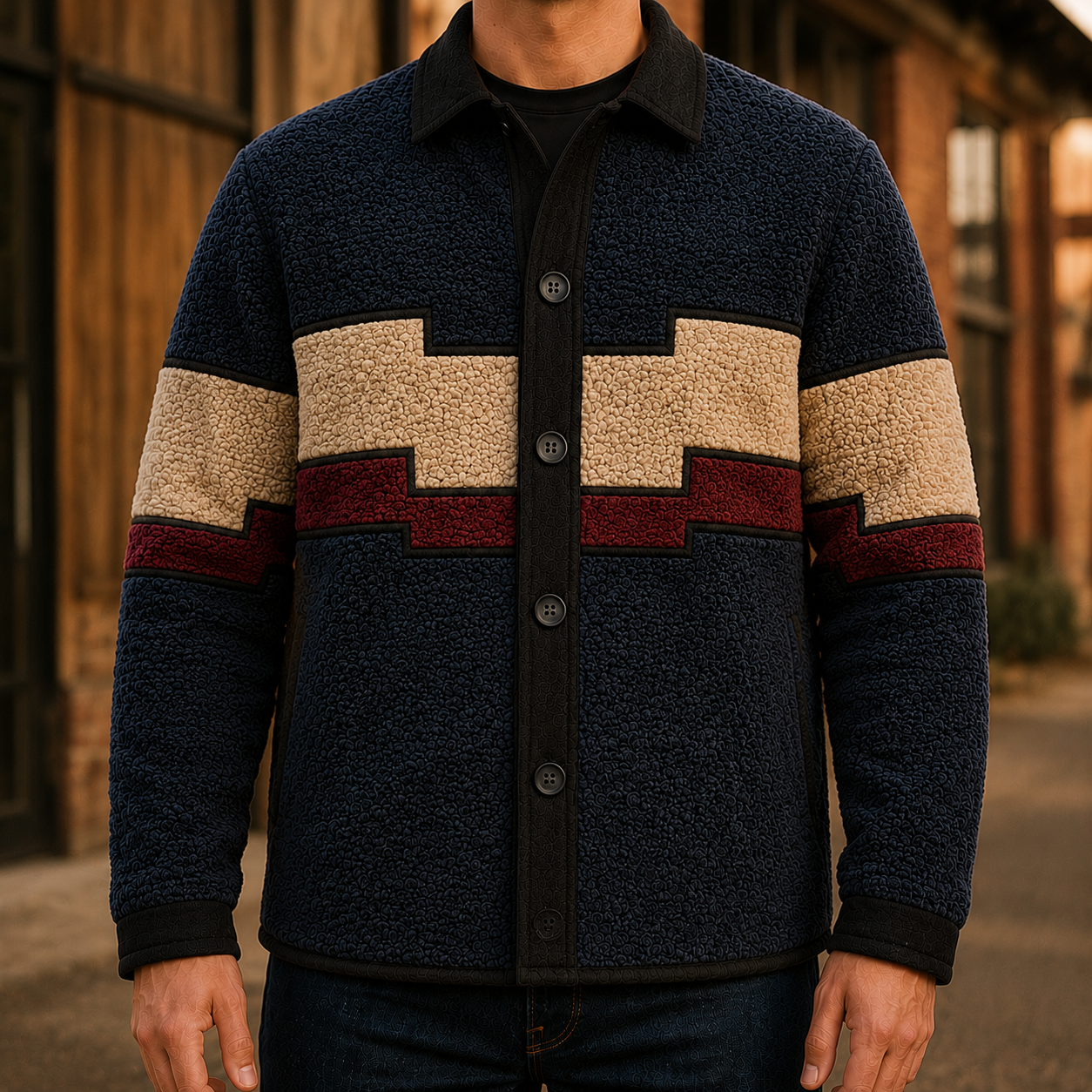 Men's Retro Color Block Fleece Shirt Jacket-145