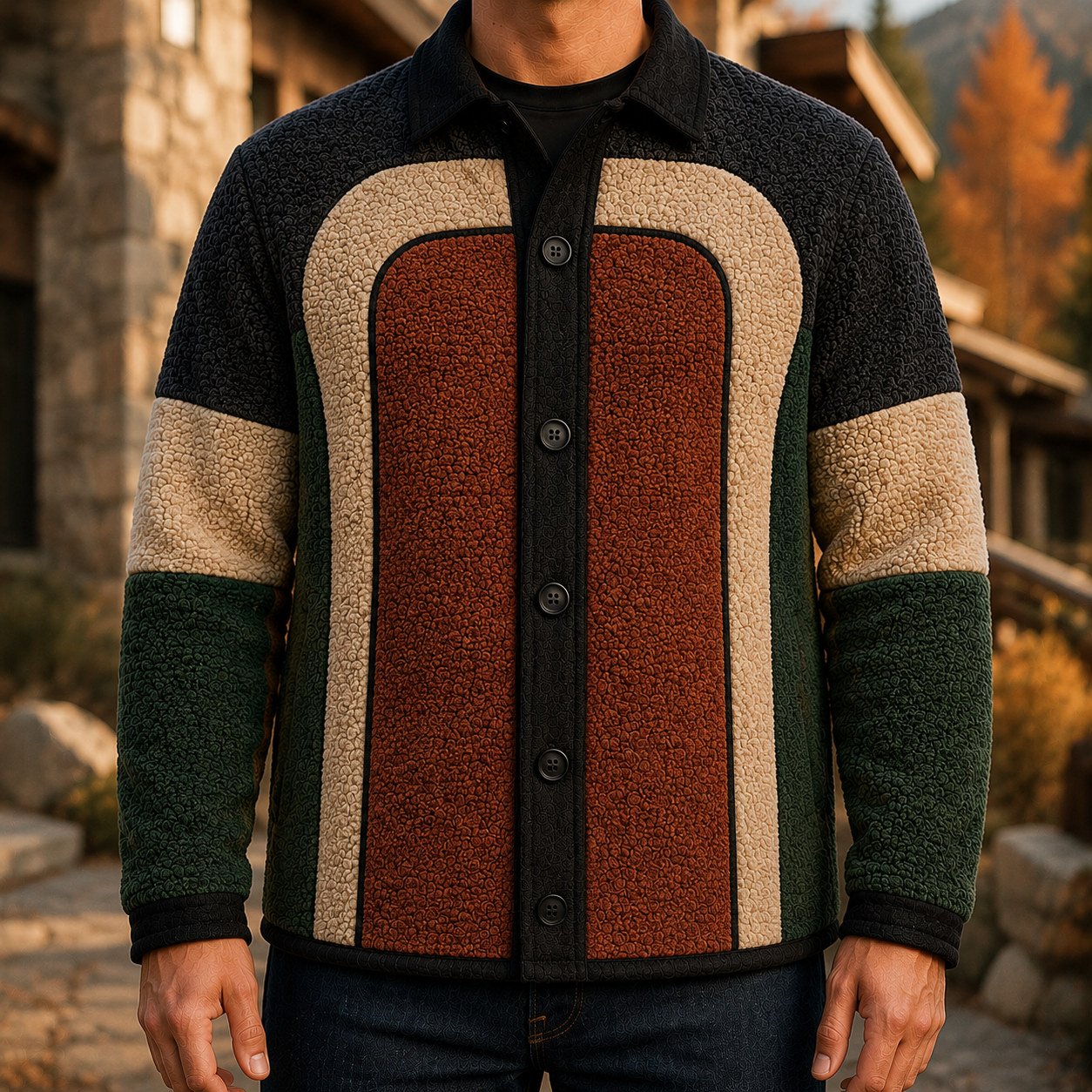 Men's Retro Color Block Fleece Shirt Jacket-146