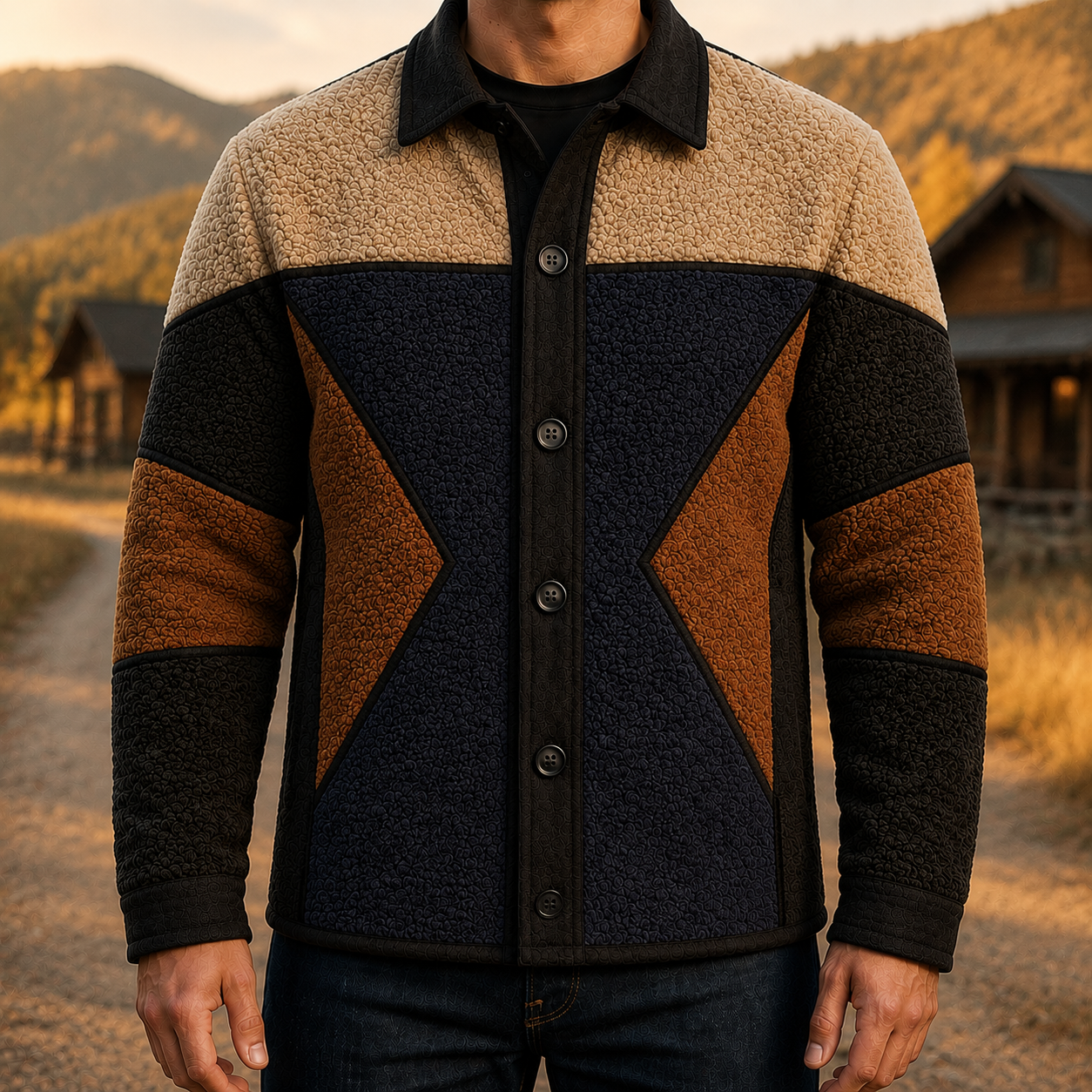 Men's Retro Color Block Fleece Shirt Jacket-147