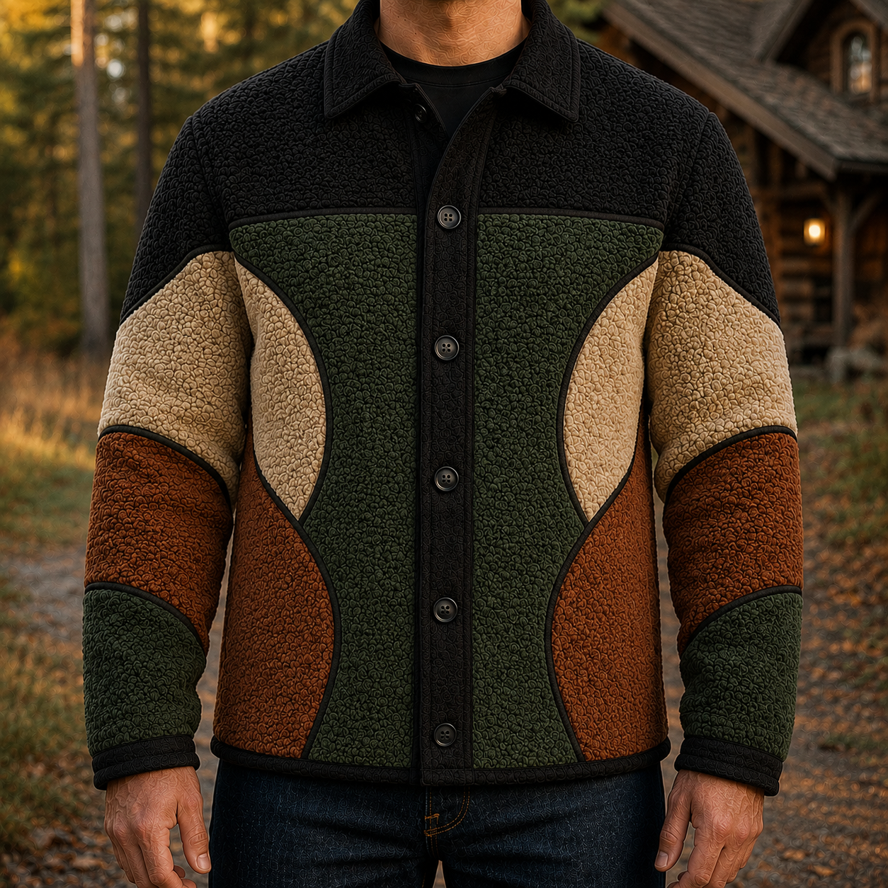 Men's Retro Color Block Fleece Shirt Jacket-148