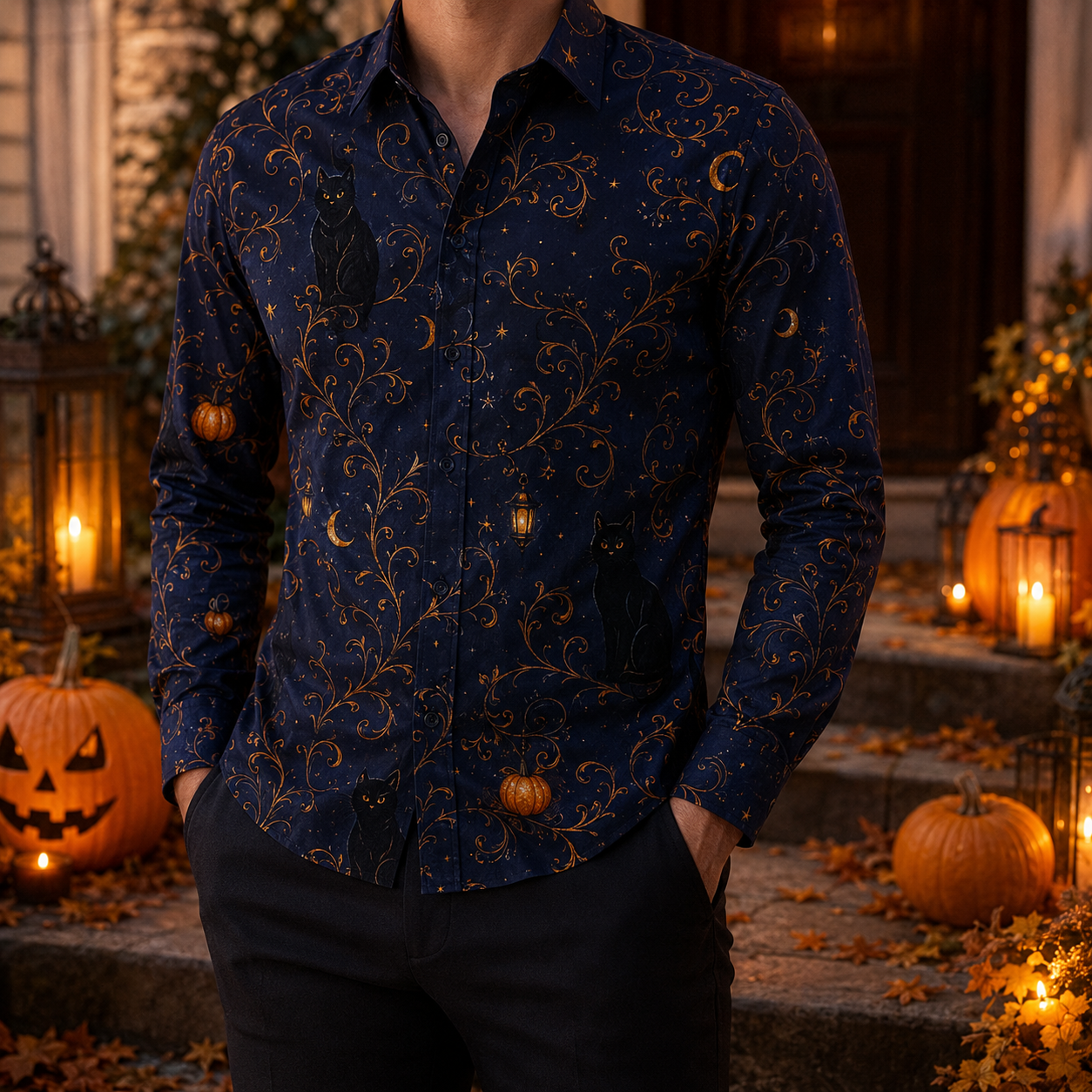 Men's Vintage Halloween Print Long-Sleeve Shirt-19