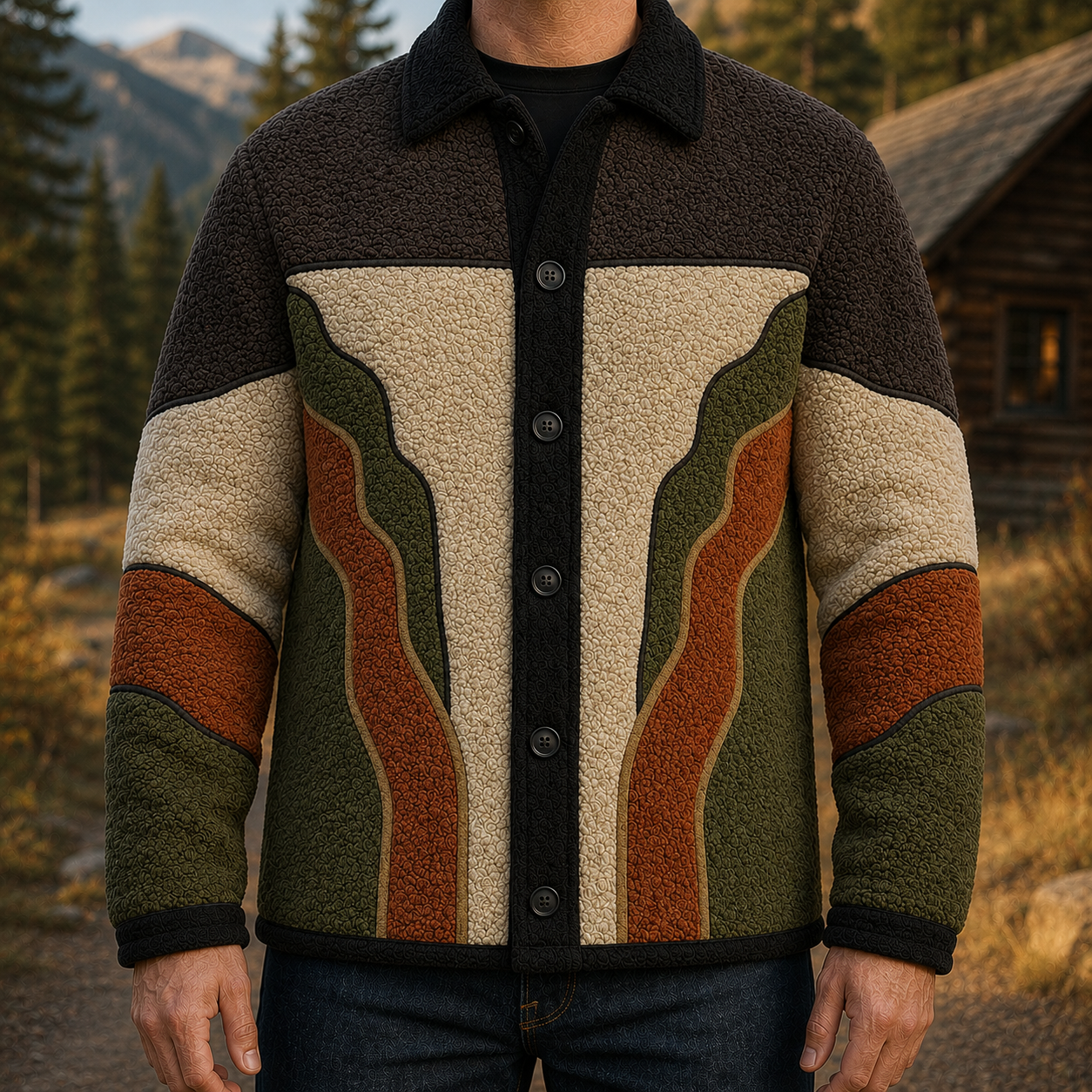 Men's Retro Color Block Fleece Shirt Jacket-149