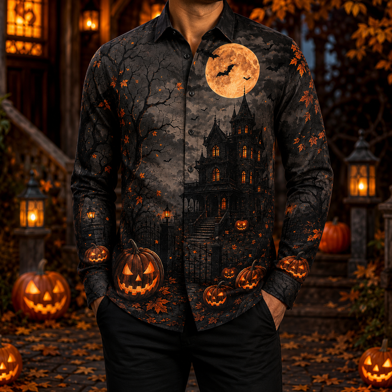 Men's Vintage Halloween Print Long-Sleeve Shirt-03