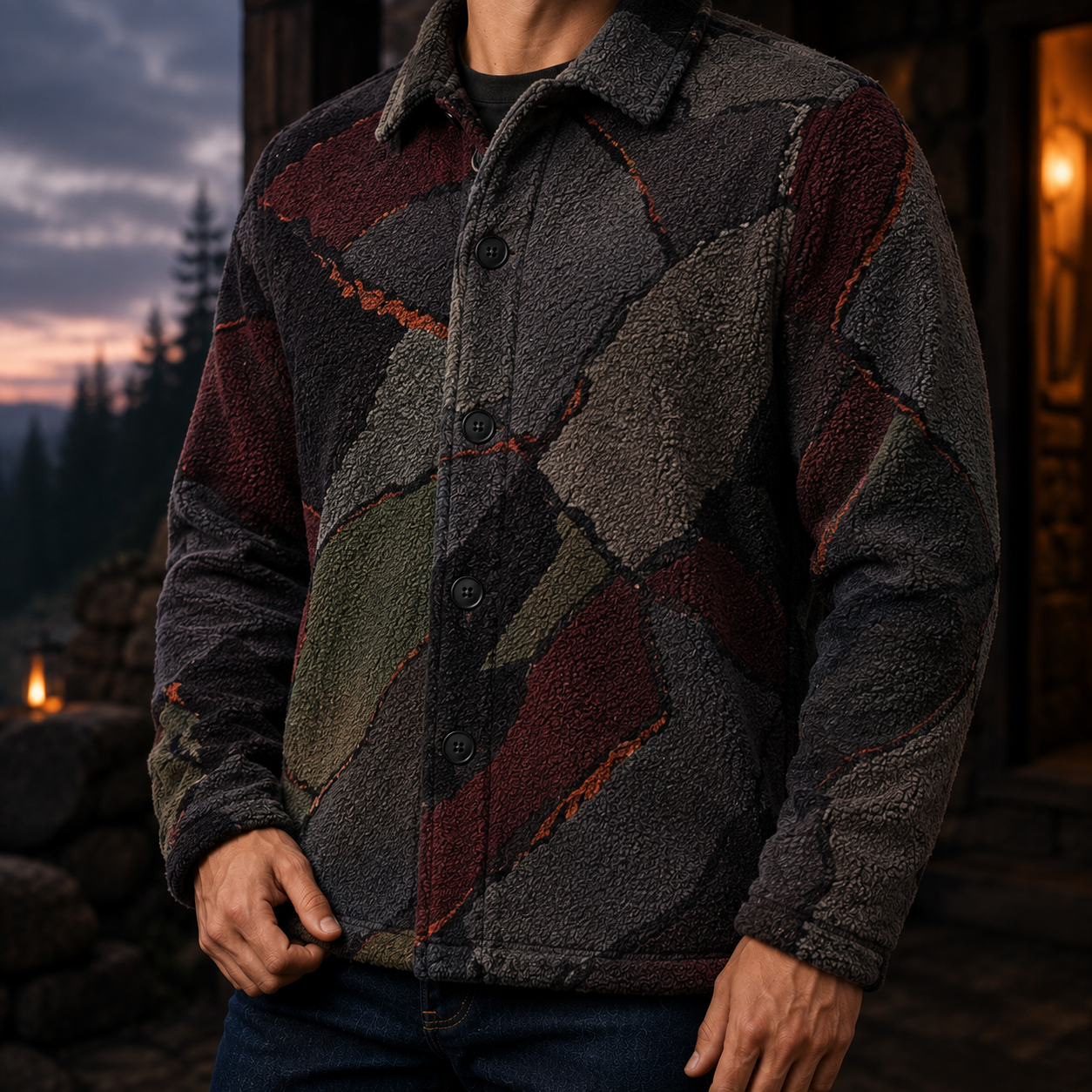 Men's Geometric Fleece Shacket | Warm Shirt Jacket -15
